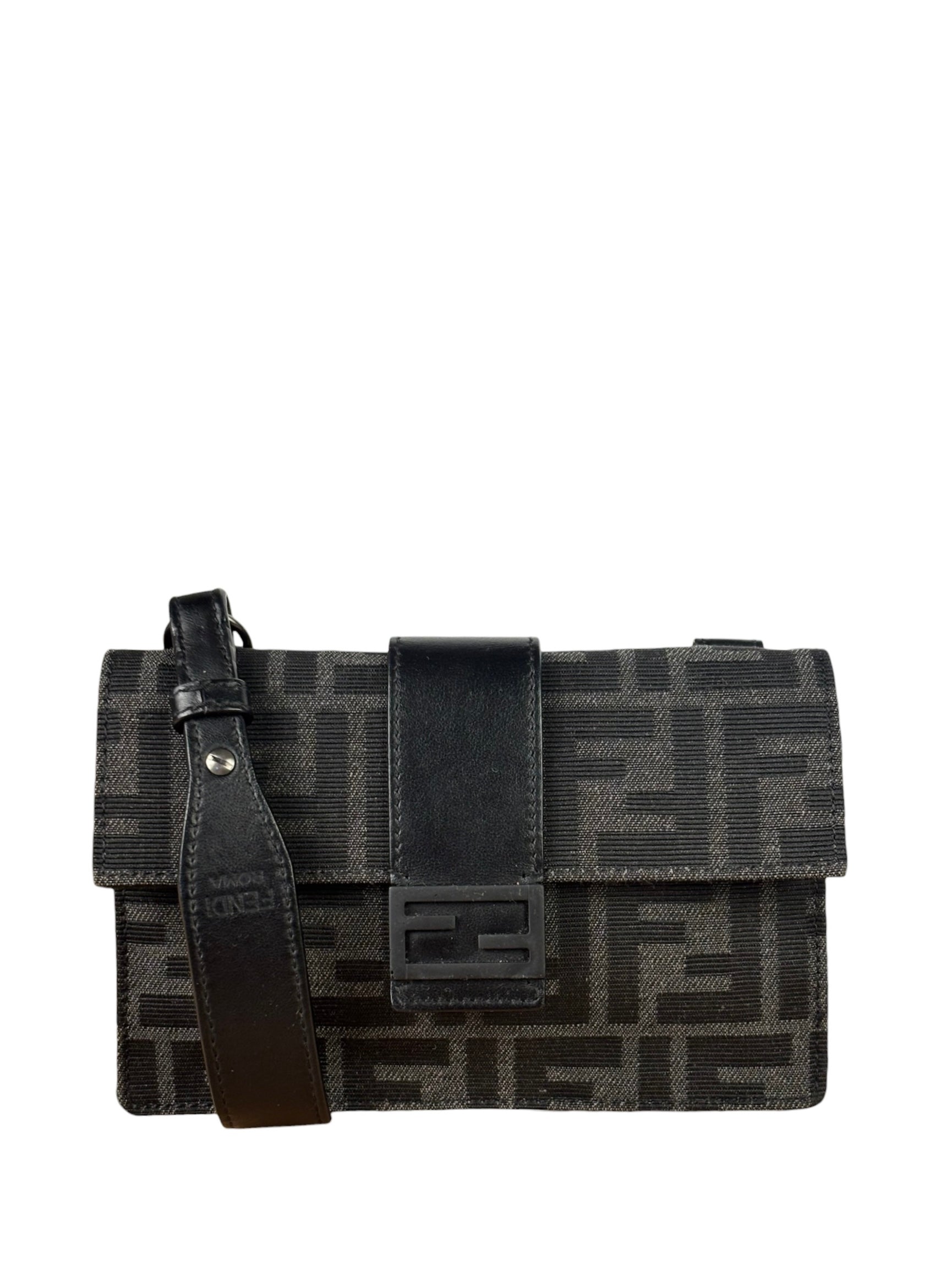 Fendi FF Black Canvas Flap Mini Baguette Shoulder Bag