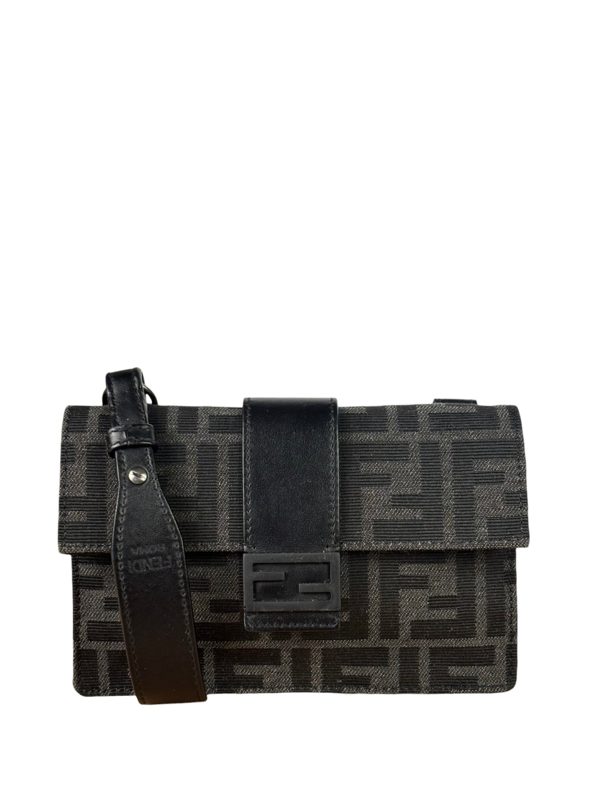 Fendi FF Black Canvas Flap Mini Baguette Shoulder Bag