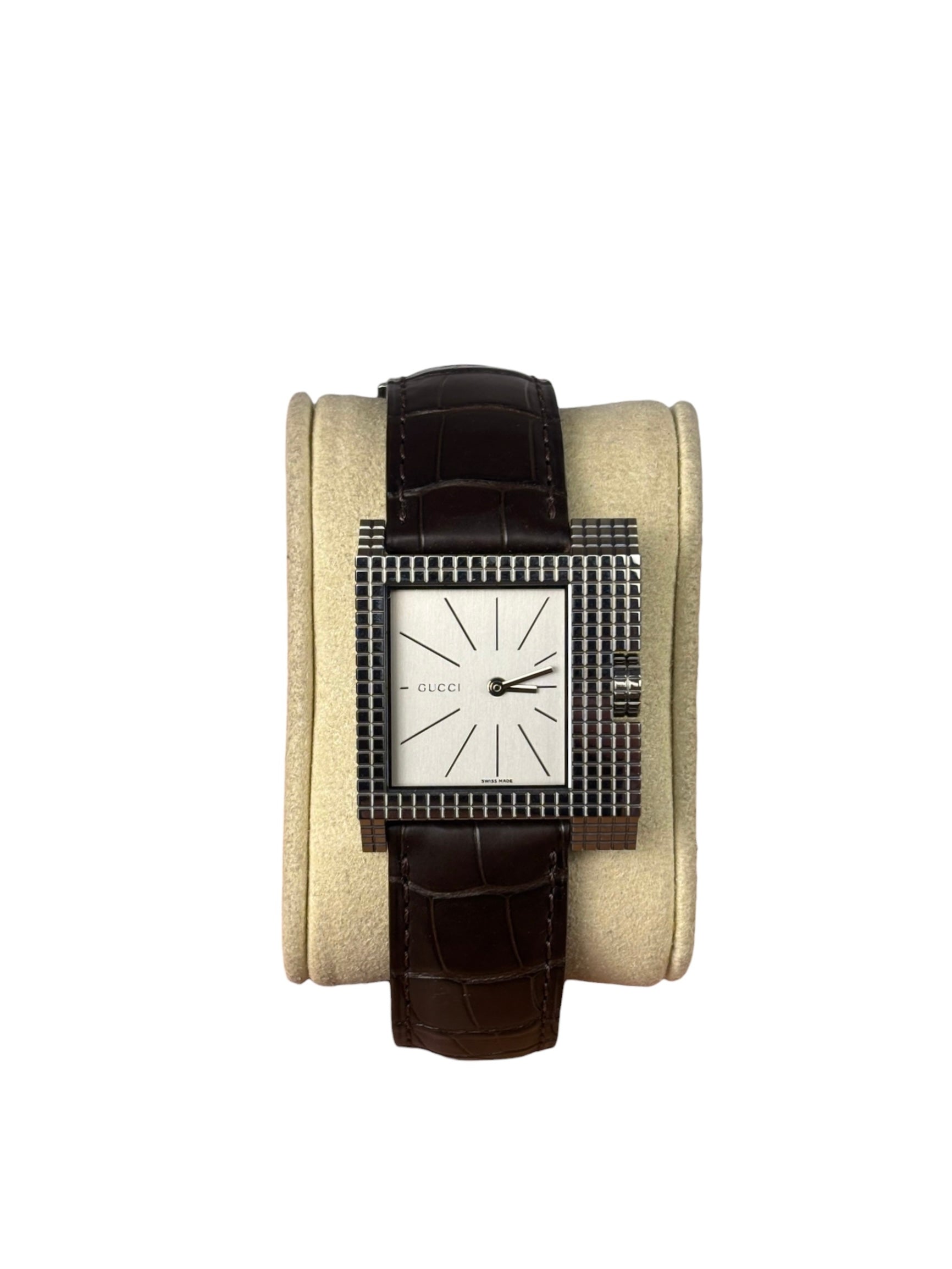 Gucci 7100M Silver Stick Square Dial Brown Strap