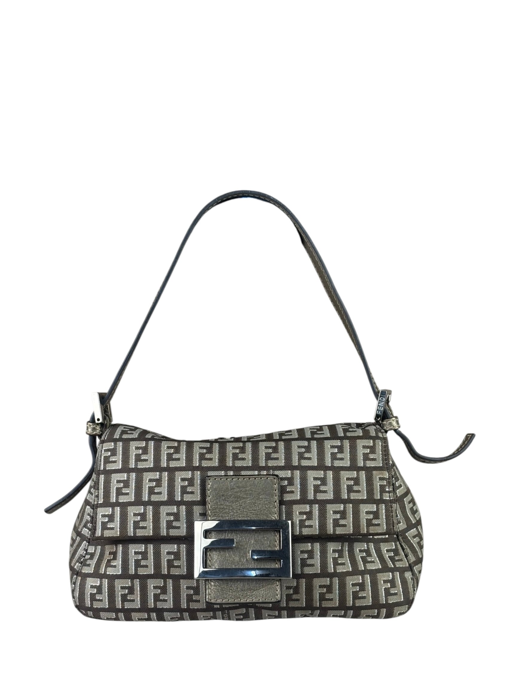 Fendi Brown/Metallic Gold Leather Trim Zucca Baguette