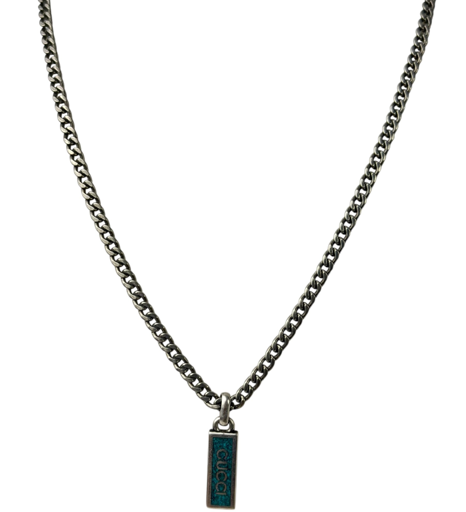 Gucci Sterling Silver Tag Turquoise Enamel Pendant Necklace