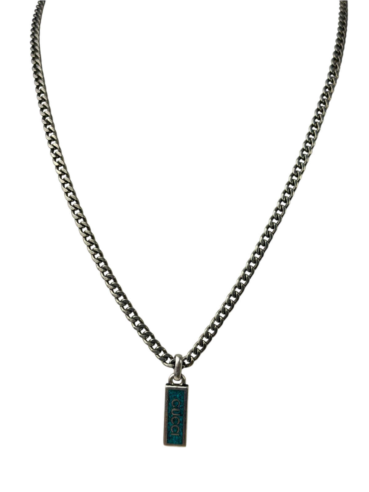 Gucci Sterling Silver Tag Turquoise Enamel Pendant Necklace