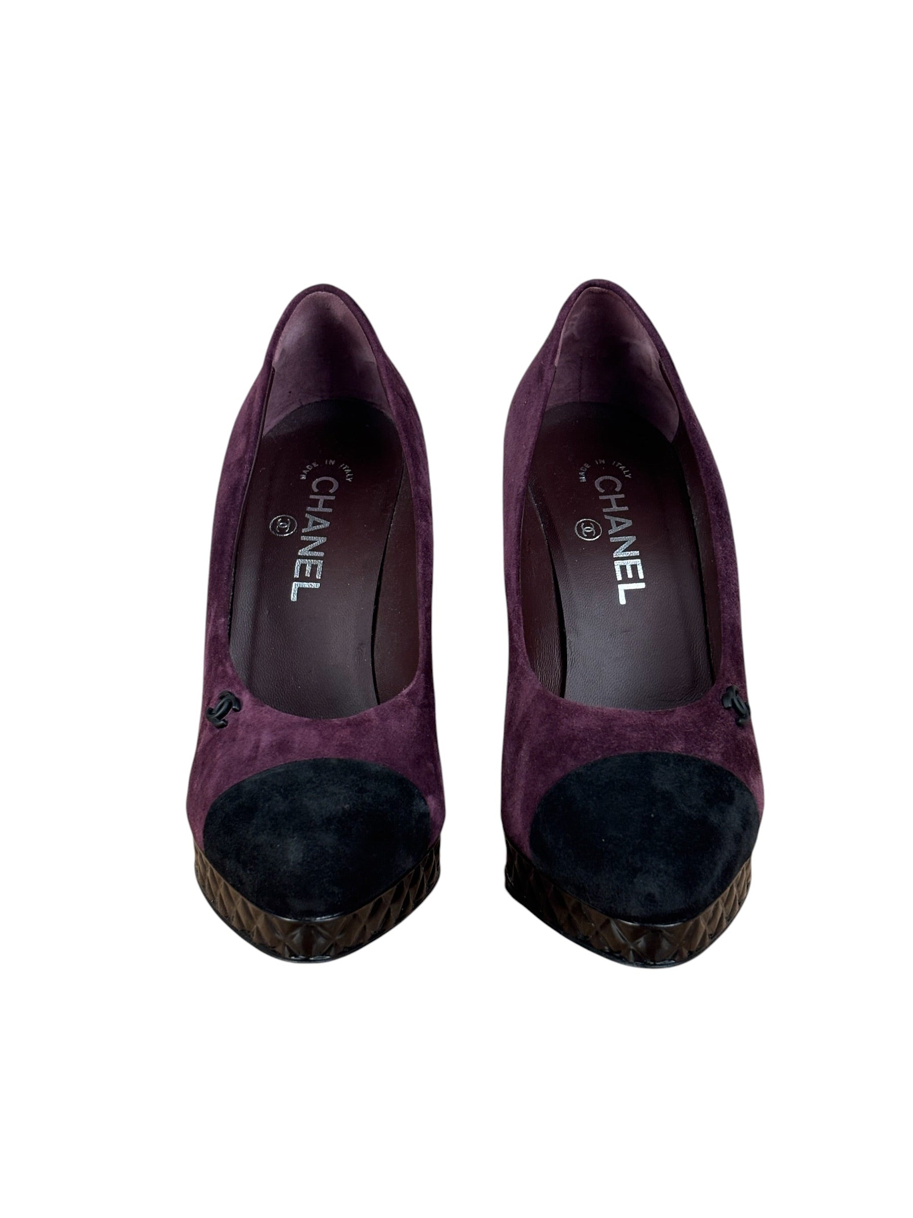 Chanel Two-Tone Suede Cap-Toe Platform Pumps