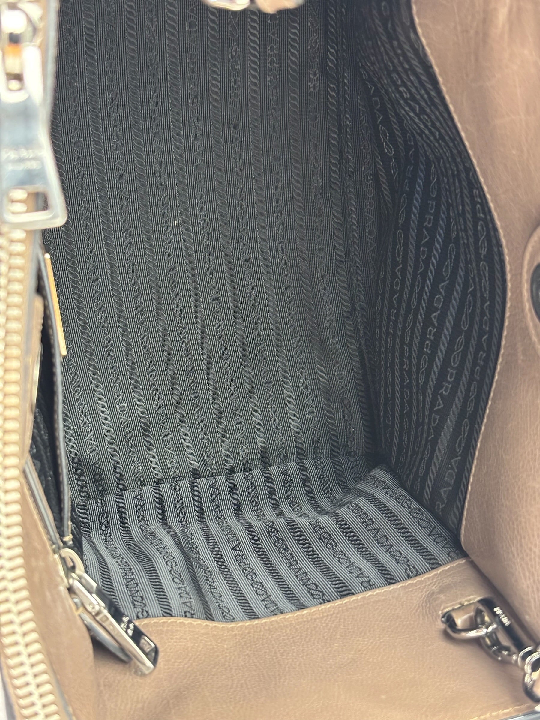 Prada Neutral Taupe Glace Calf Twin Pocket Two-Way Tote