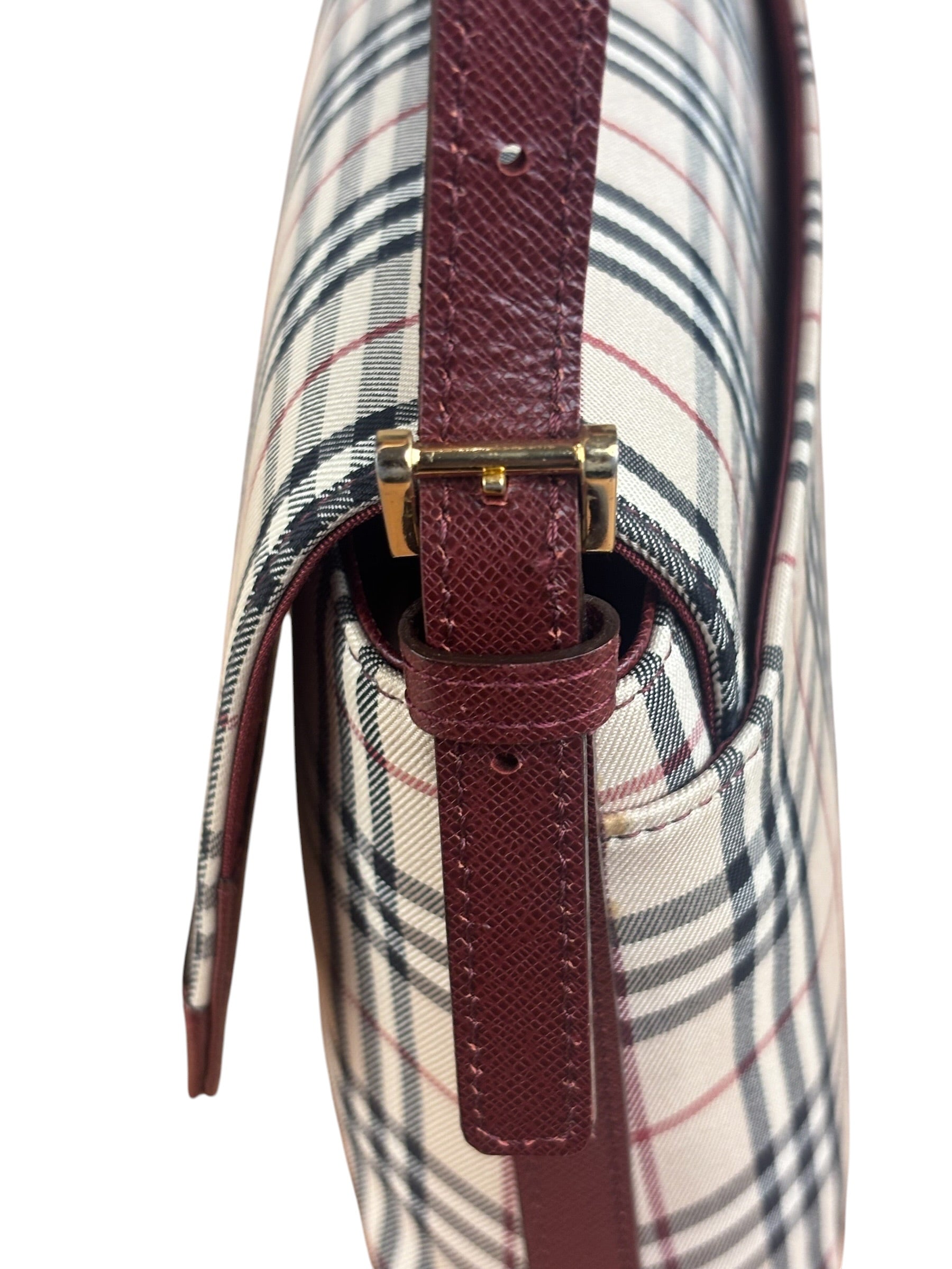 Burberry Burgundy Leather Trim House Check Shoulder Bag