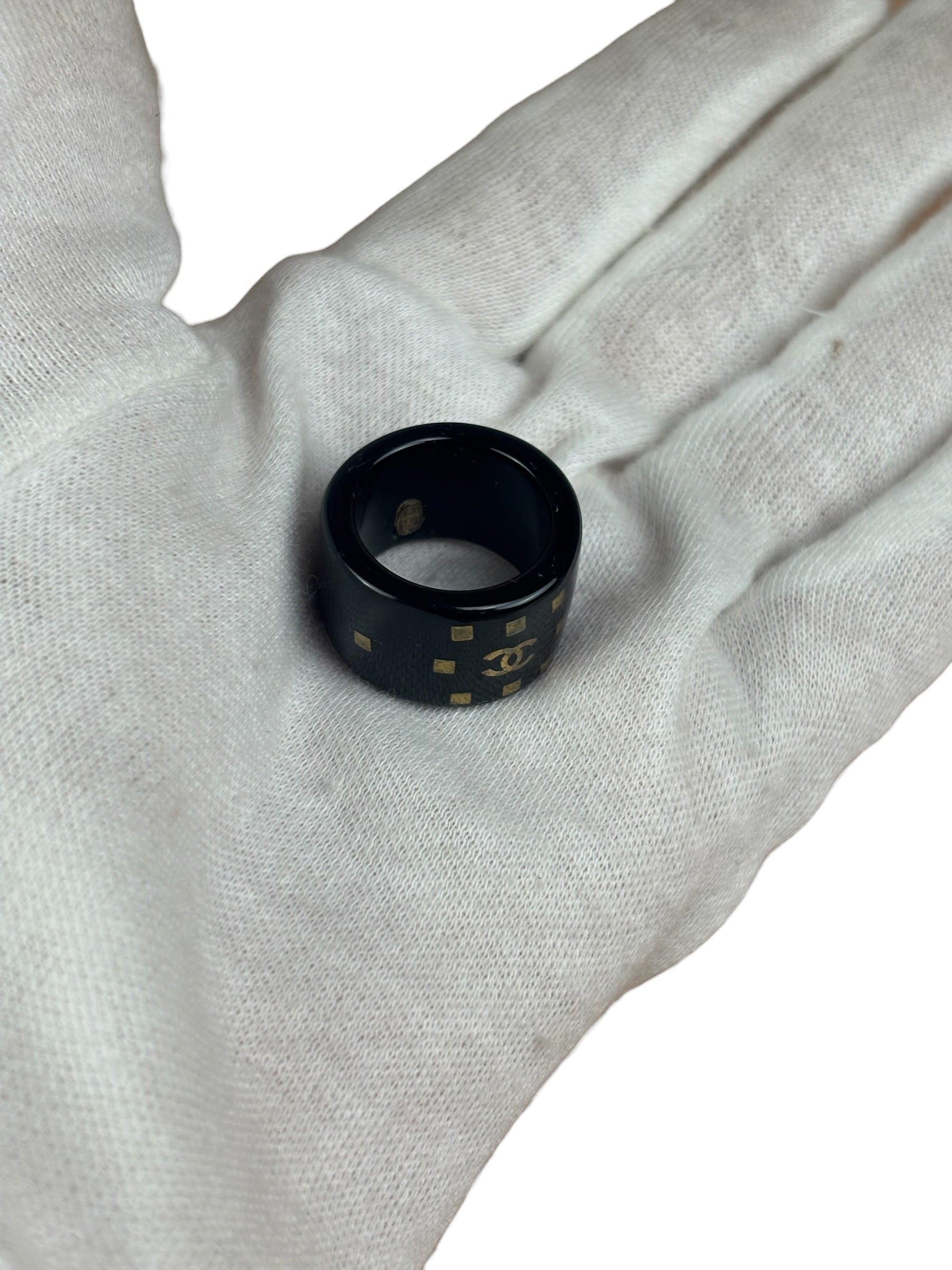 Chanel Vintage Black Resin CC Logo Band Ring