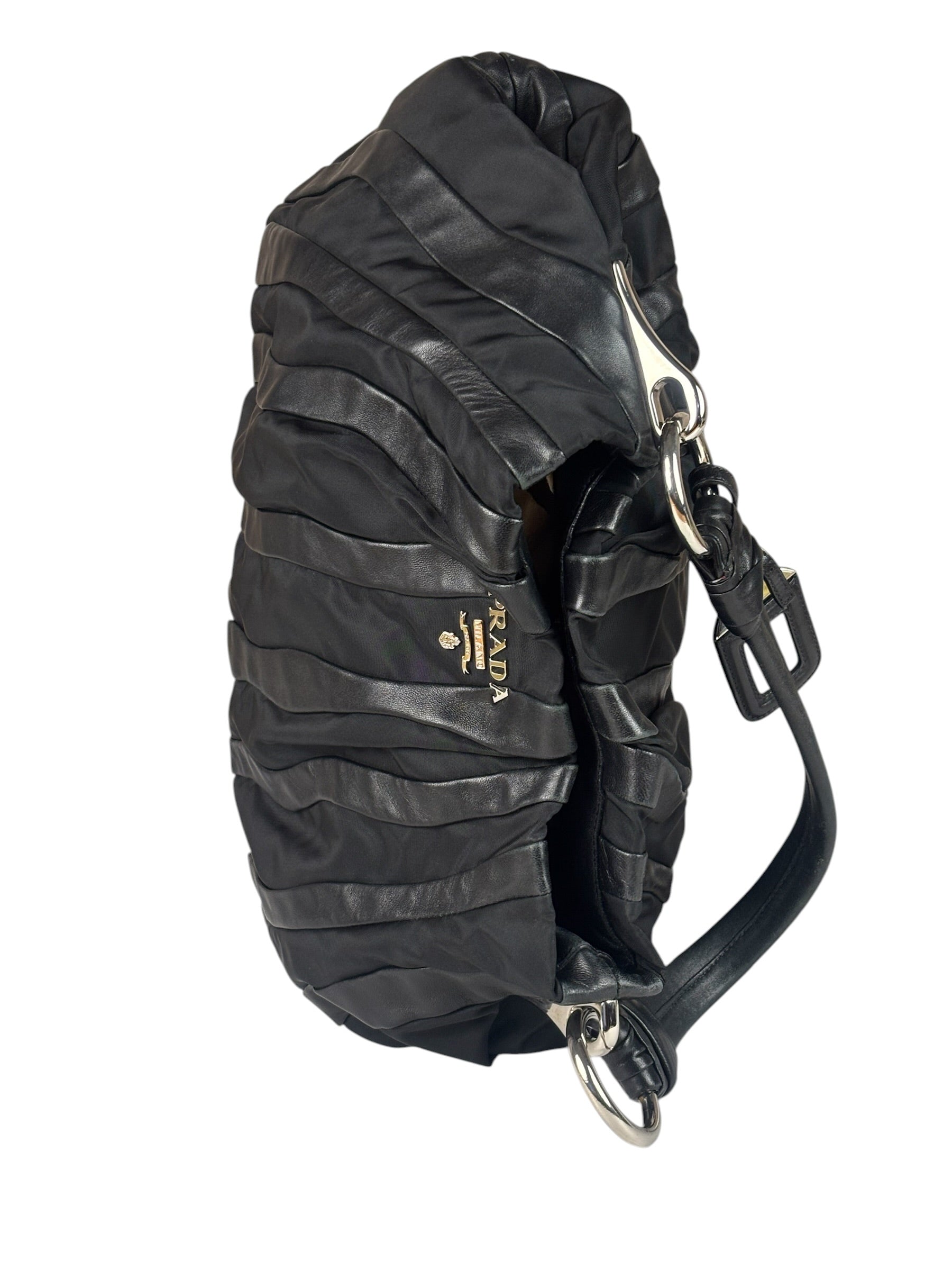 Prada Black Tessuto Nylon/Leather Trim Waves Hobo Bag