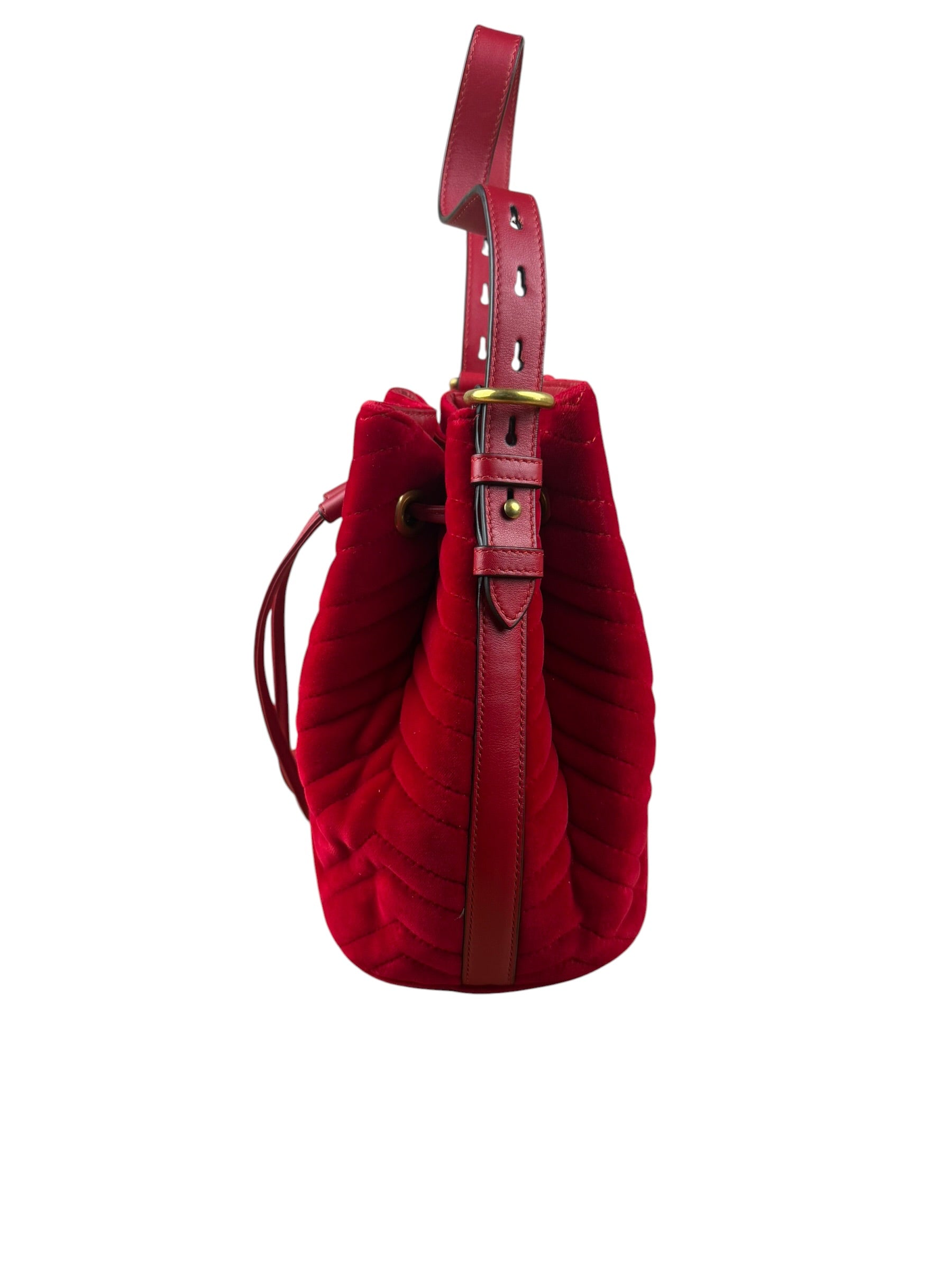 Gucci Red Velvet Leather Trim Marmont Matelasse Bucket Bag