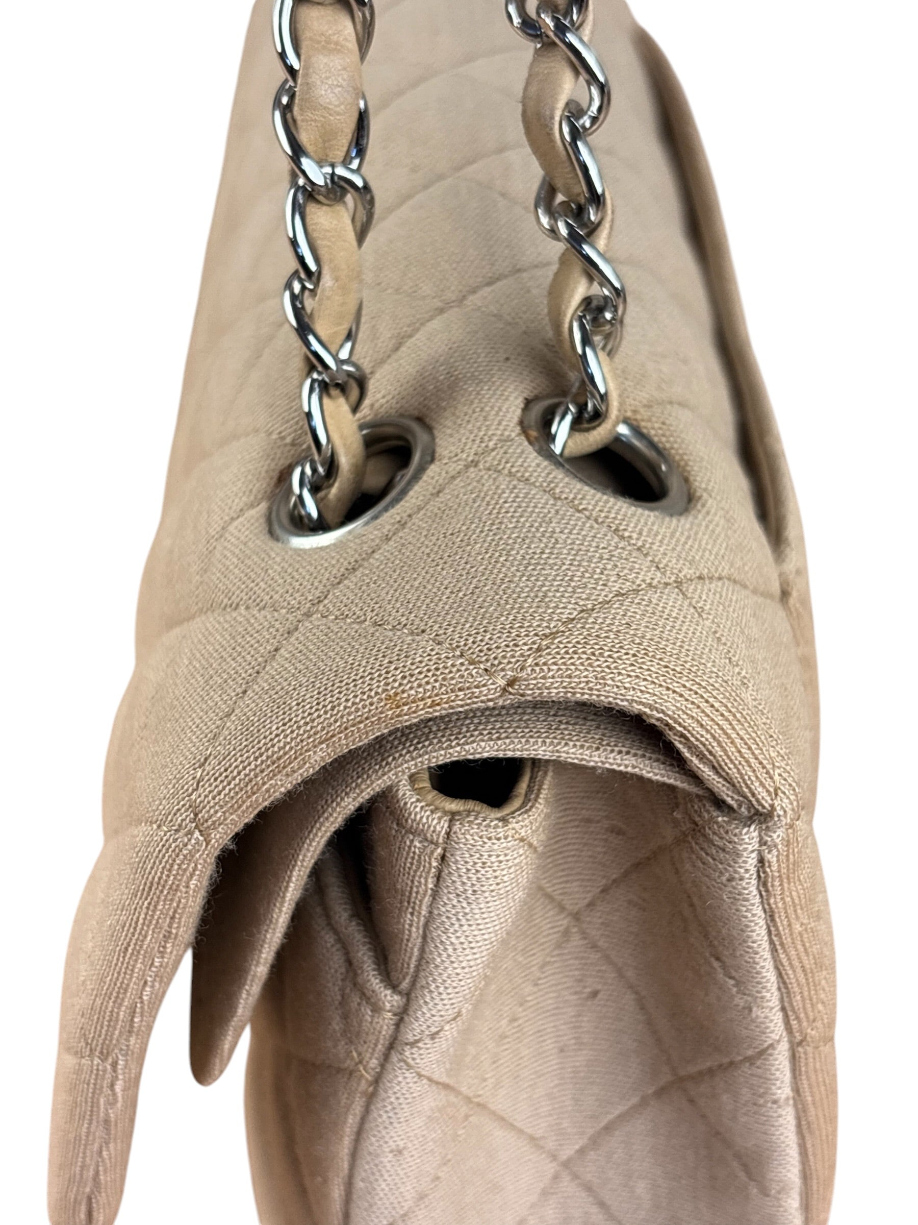 Chanel Beige Jersey Leather Trim Classic Double Flap Bag 2005