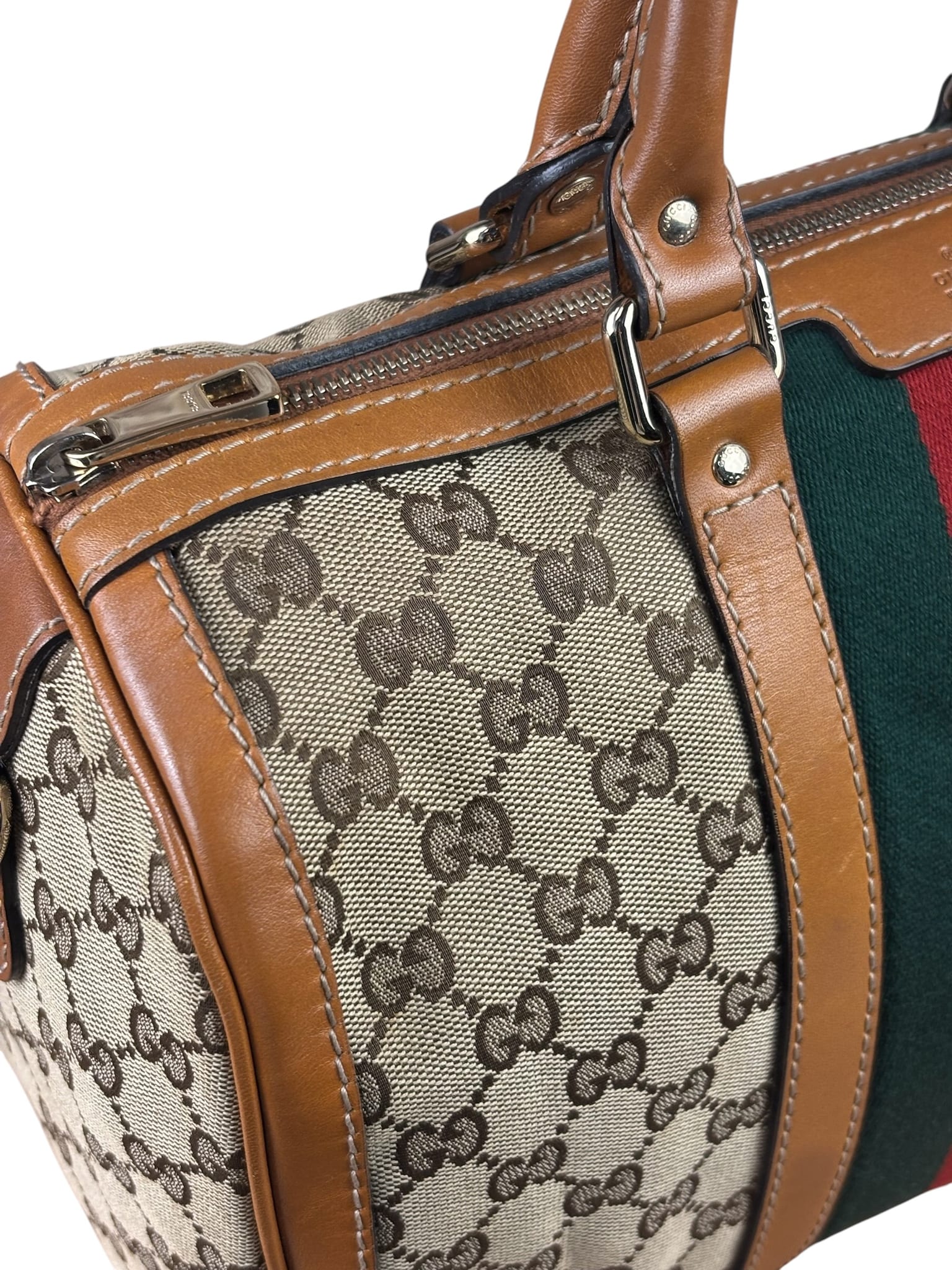 Gucci Beige/Brown GG Web Boston Two-Way Bag