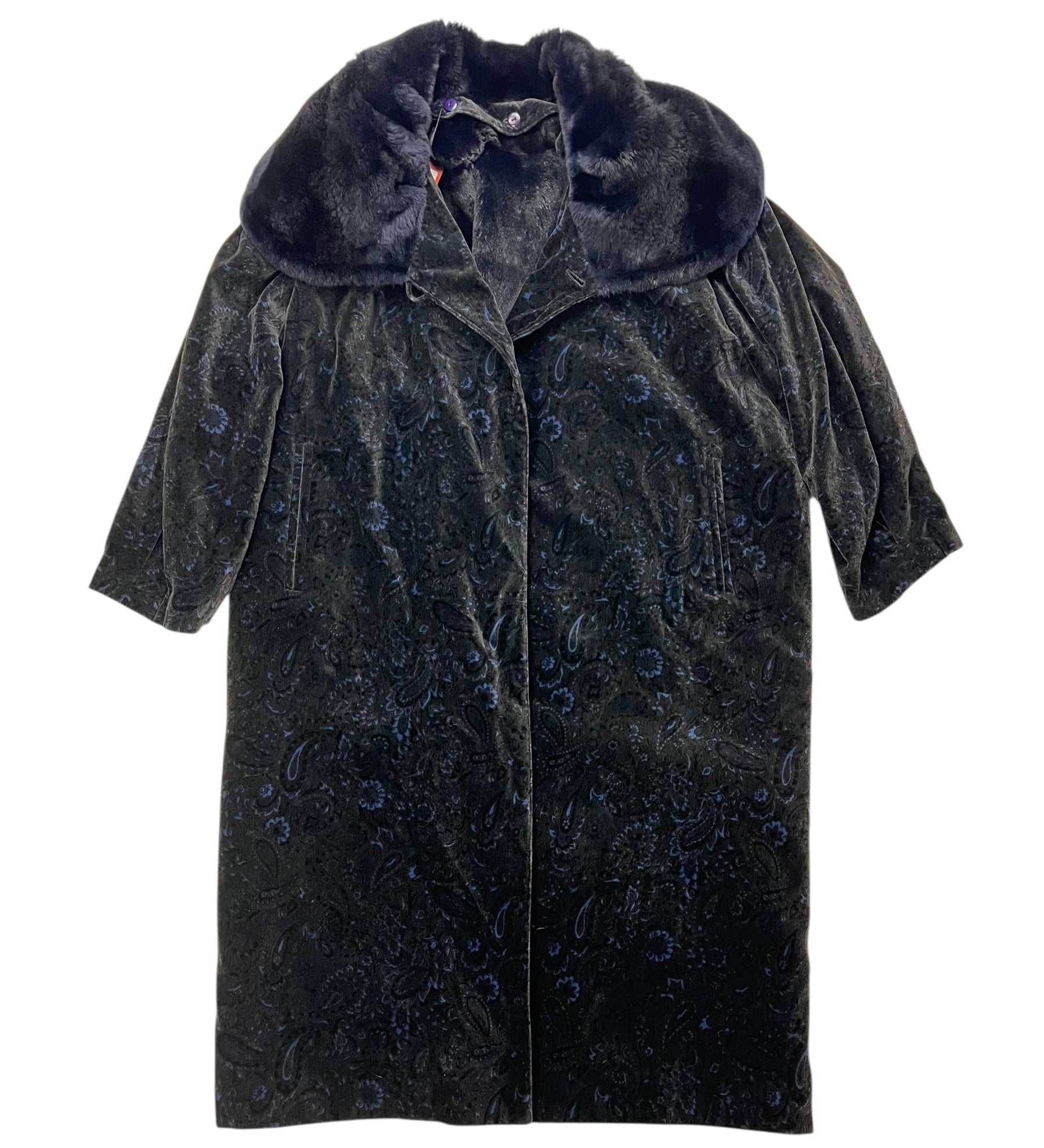 Emba Vintage Velvet Paisley Fur Lined Trench Coat