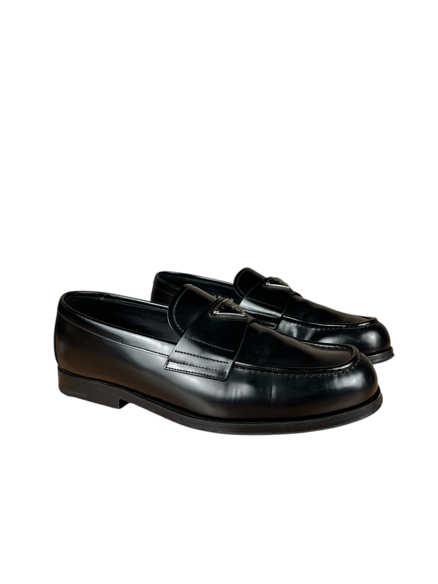 Prada Black Leather Triangle Logo Loafers