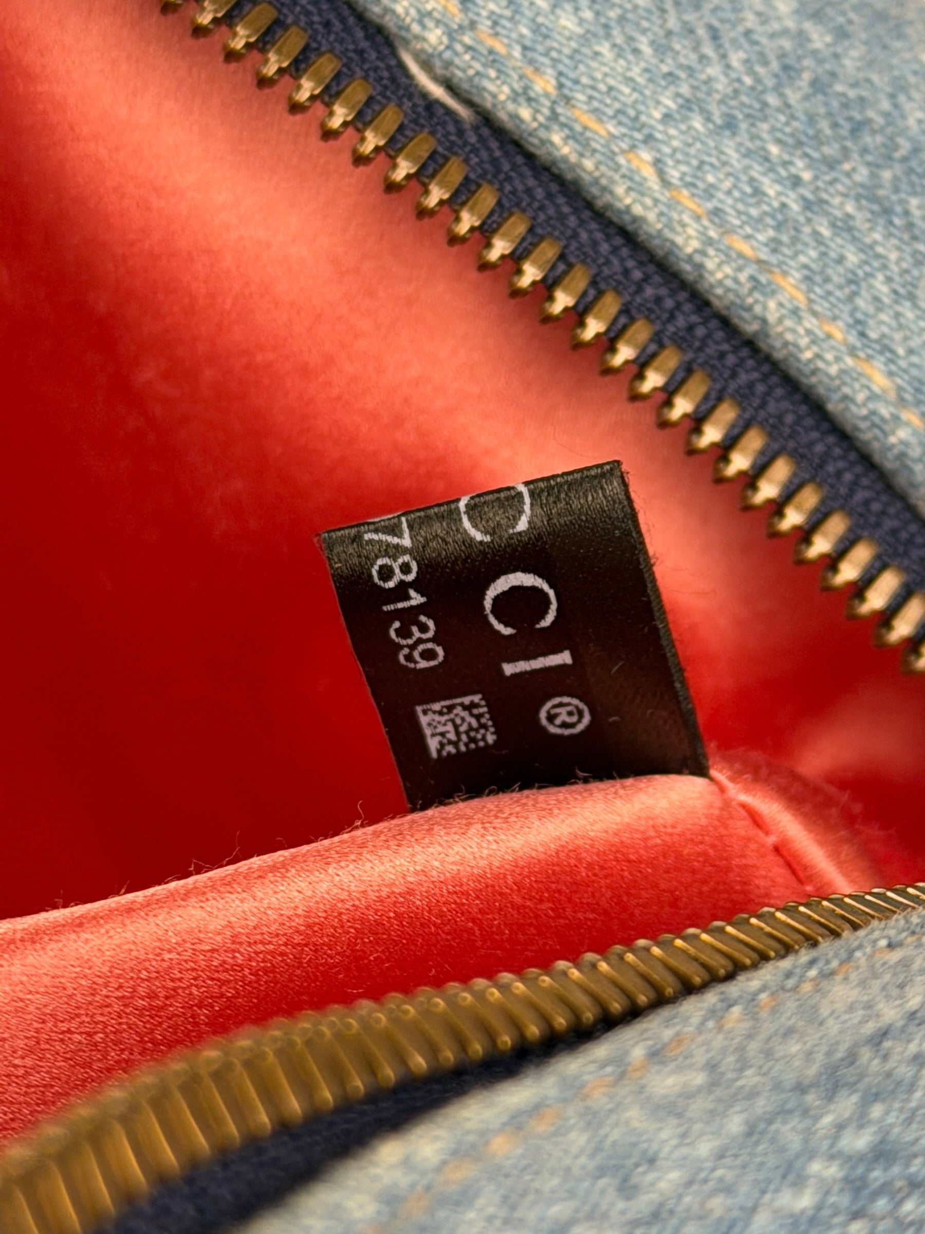 Gucci Blue Denim GG Marmont Pearl Camera Bag