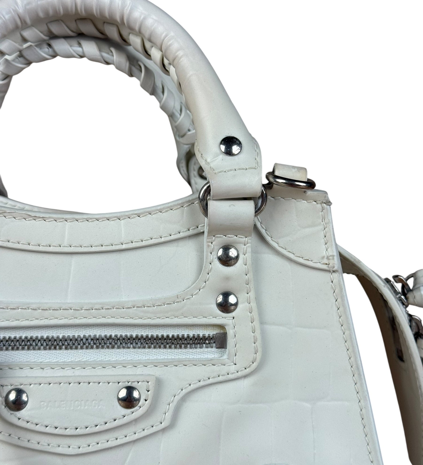 Balenciaga White Croc Embossed S Neo City Bag
