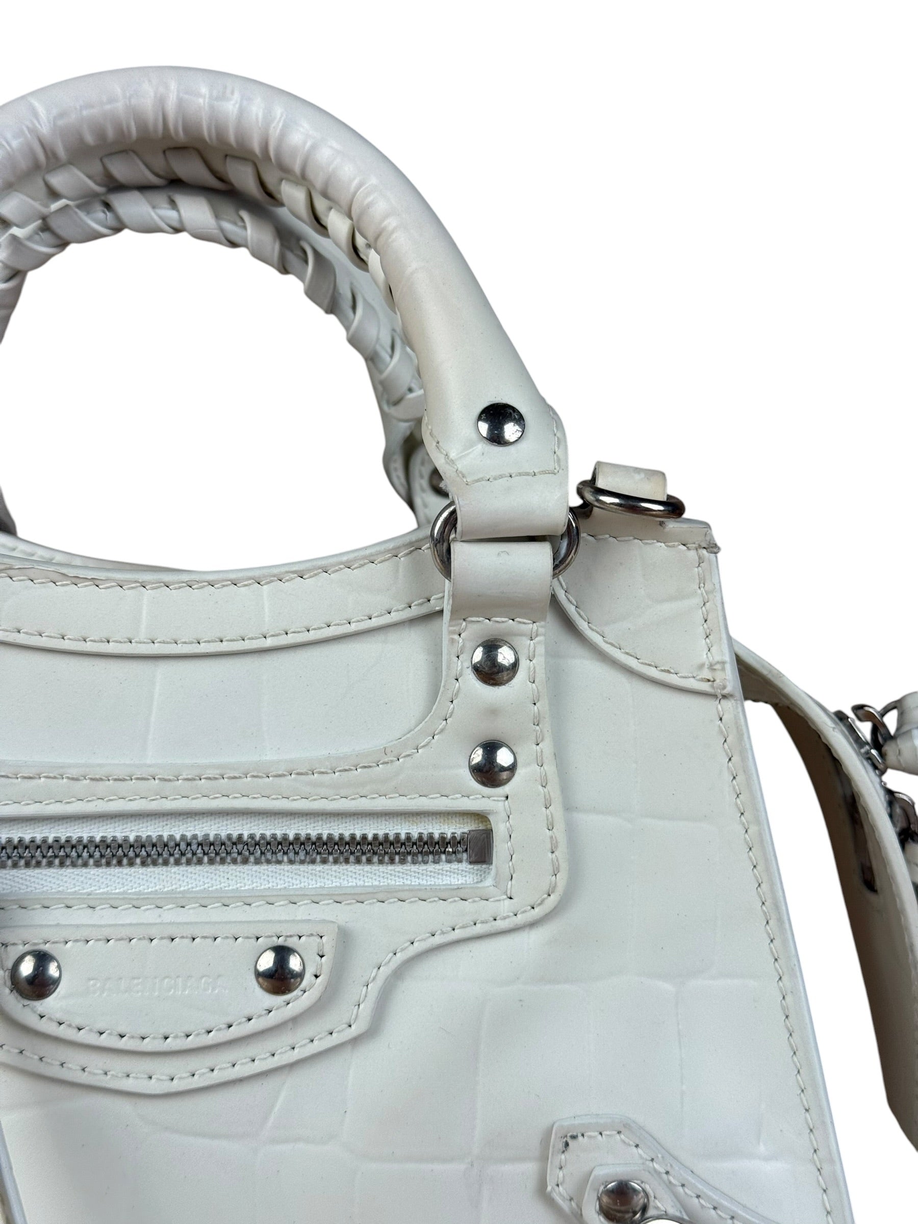 Balenciaga White Croc Embossed S Neo City Bag