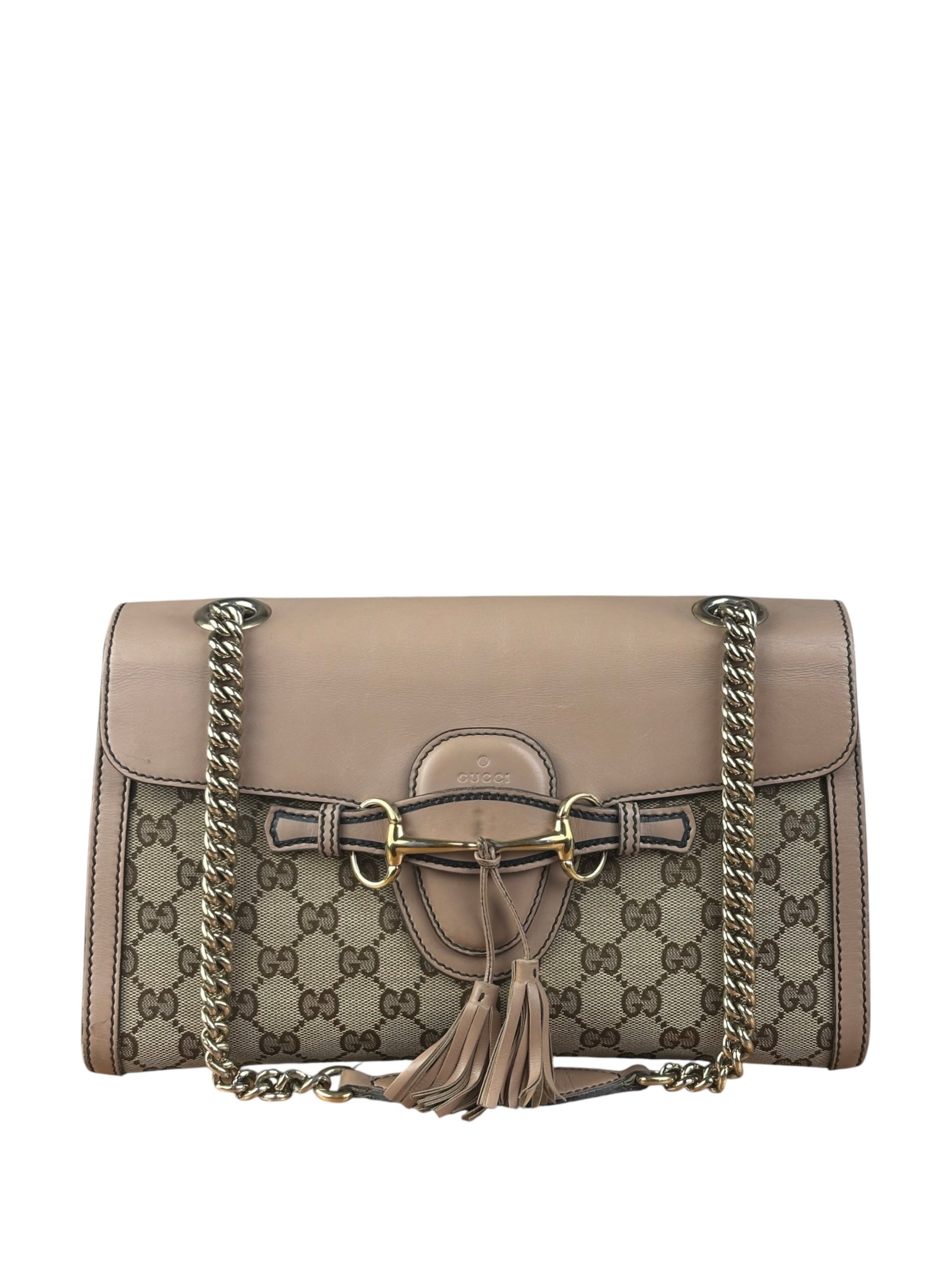 Gucci Peach Leather Trim GG Canvas Emily Chain Flap Shoulder Bag