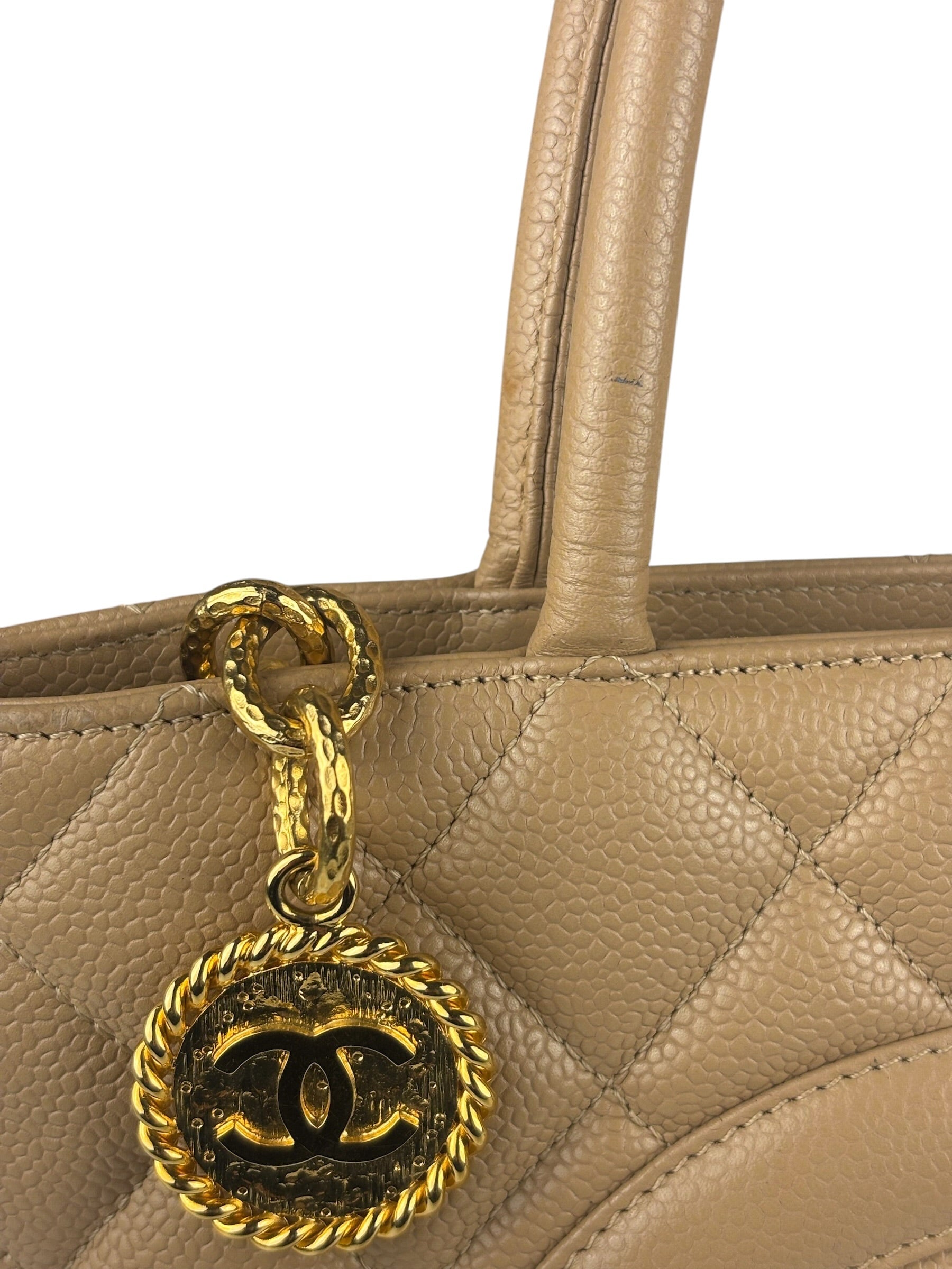 Chanel Vintage Beige Leather Diamond Quilted Medallion Tote Bag 2002