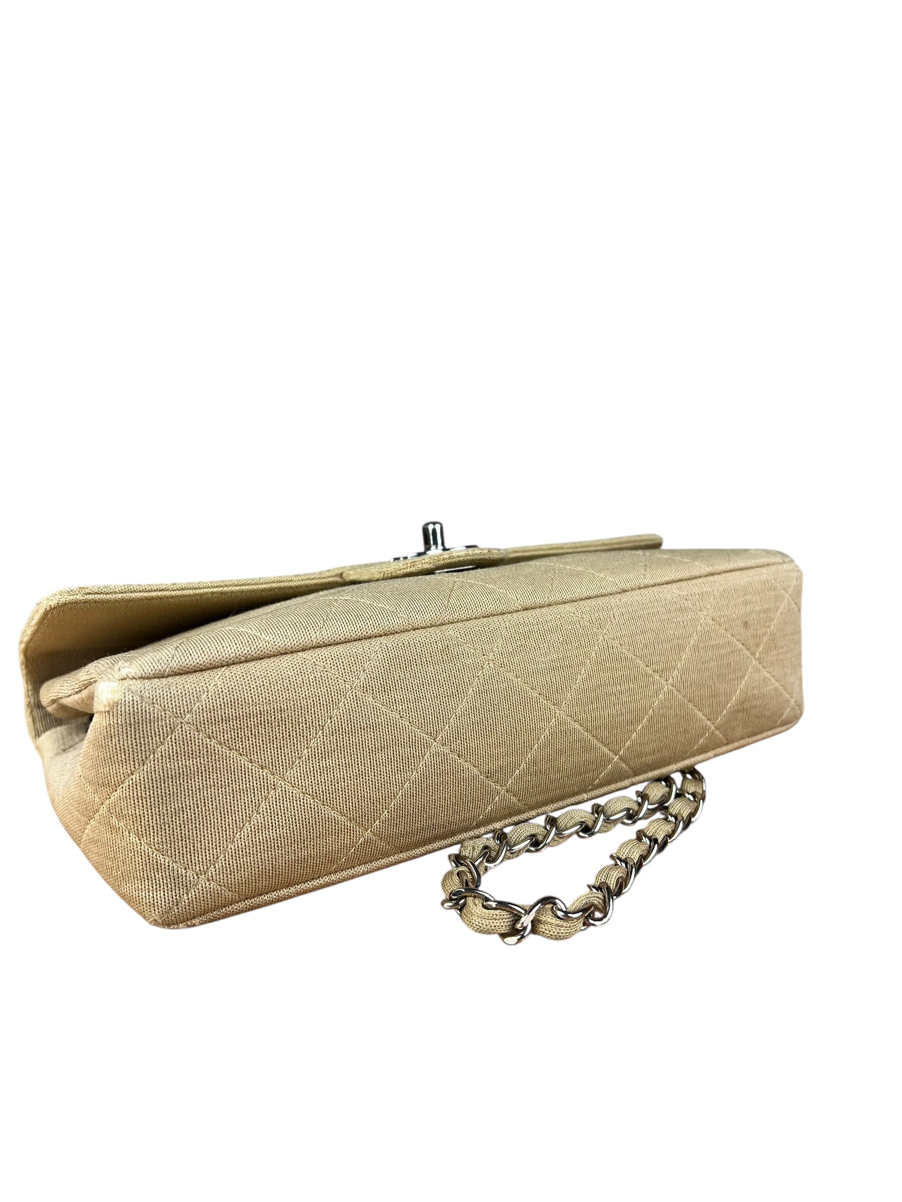 Chanel Vintage Beige Jersey Quilted Classic Flap Bag