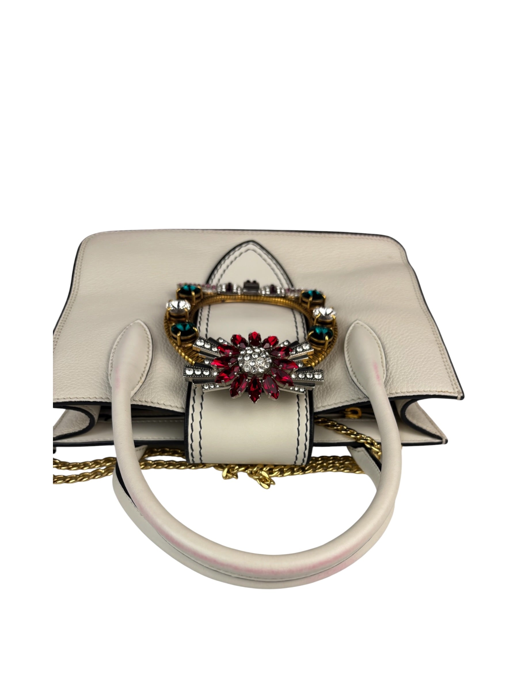 Miu Miu White Madras Ornate Crystal Jeweled Buckle Two-Way Bag