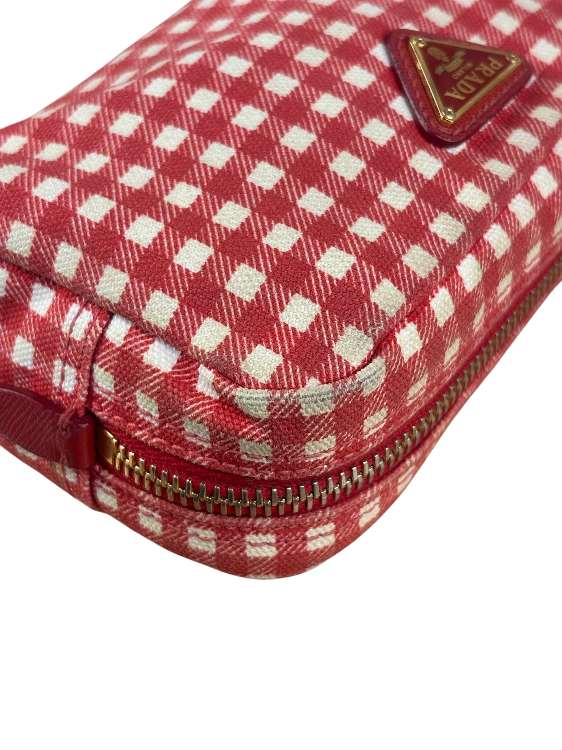 Prada Red Gingham Check Canvas Makeup Bag