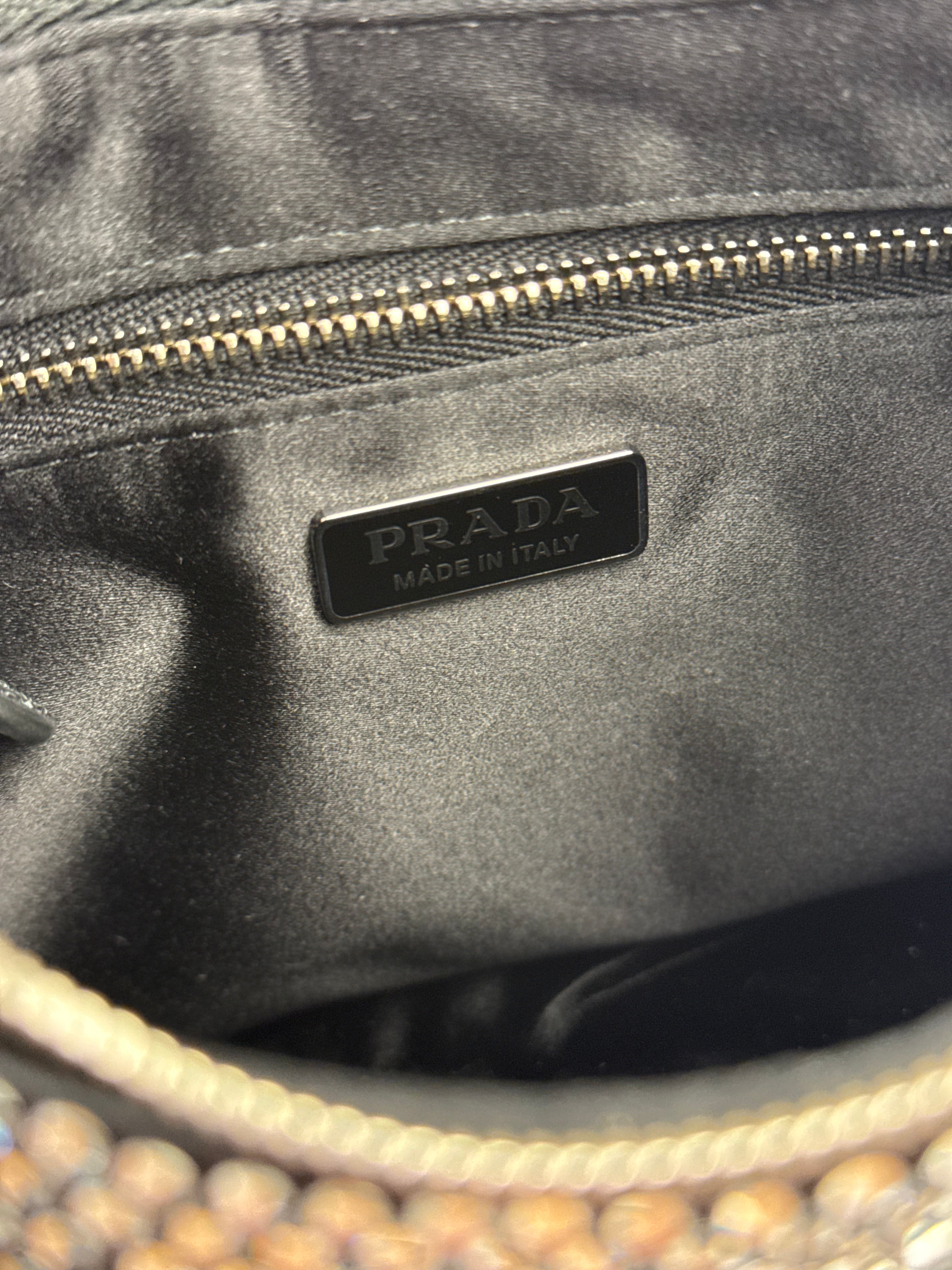 Prada Black Satin/Saffiano Leather Trim  Re-Edition Crystal-Studded Mini Pochette 2005