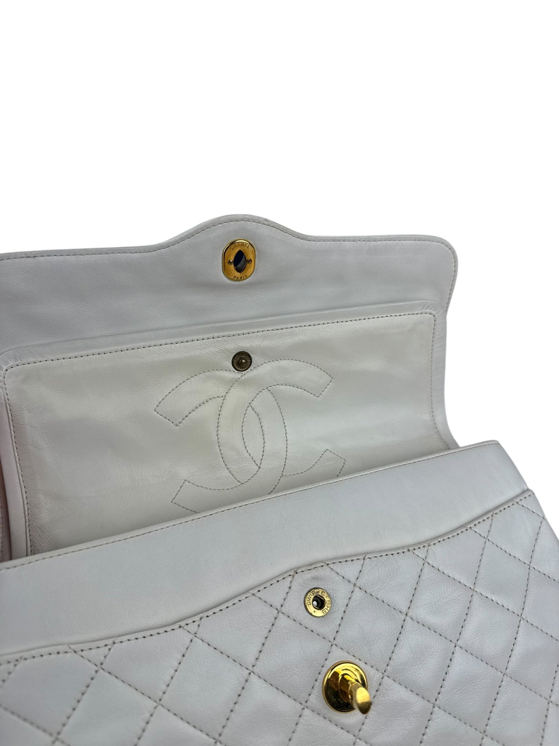 Chanel CC White Quilted Double Flap Bag 1988