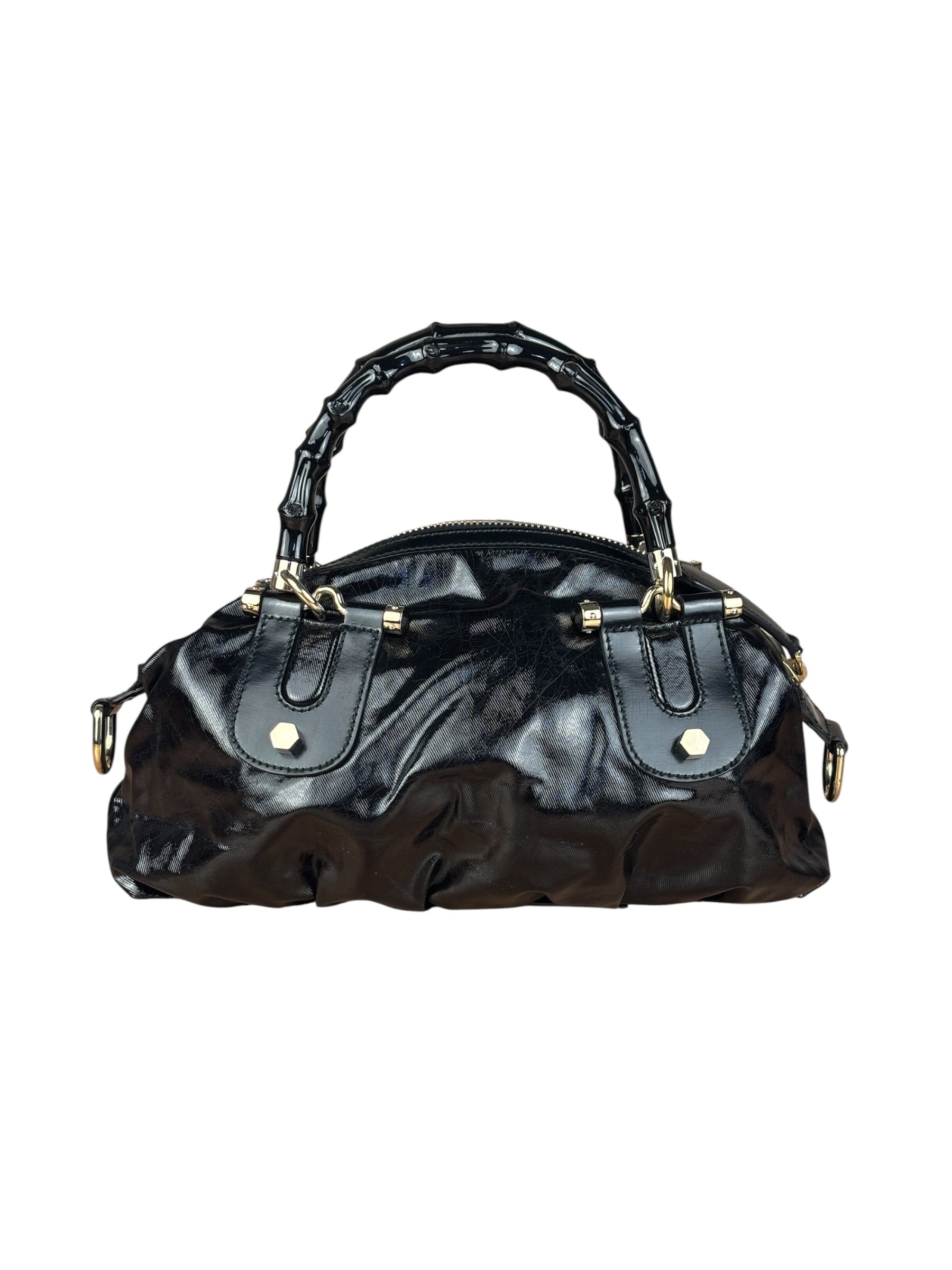 Gucci Black Patent Vintage Dialux Pop Bamboo 2Way Handbag