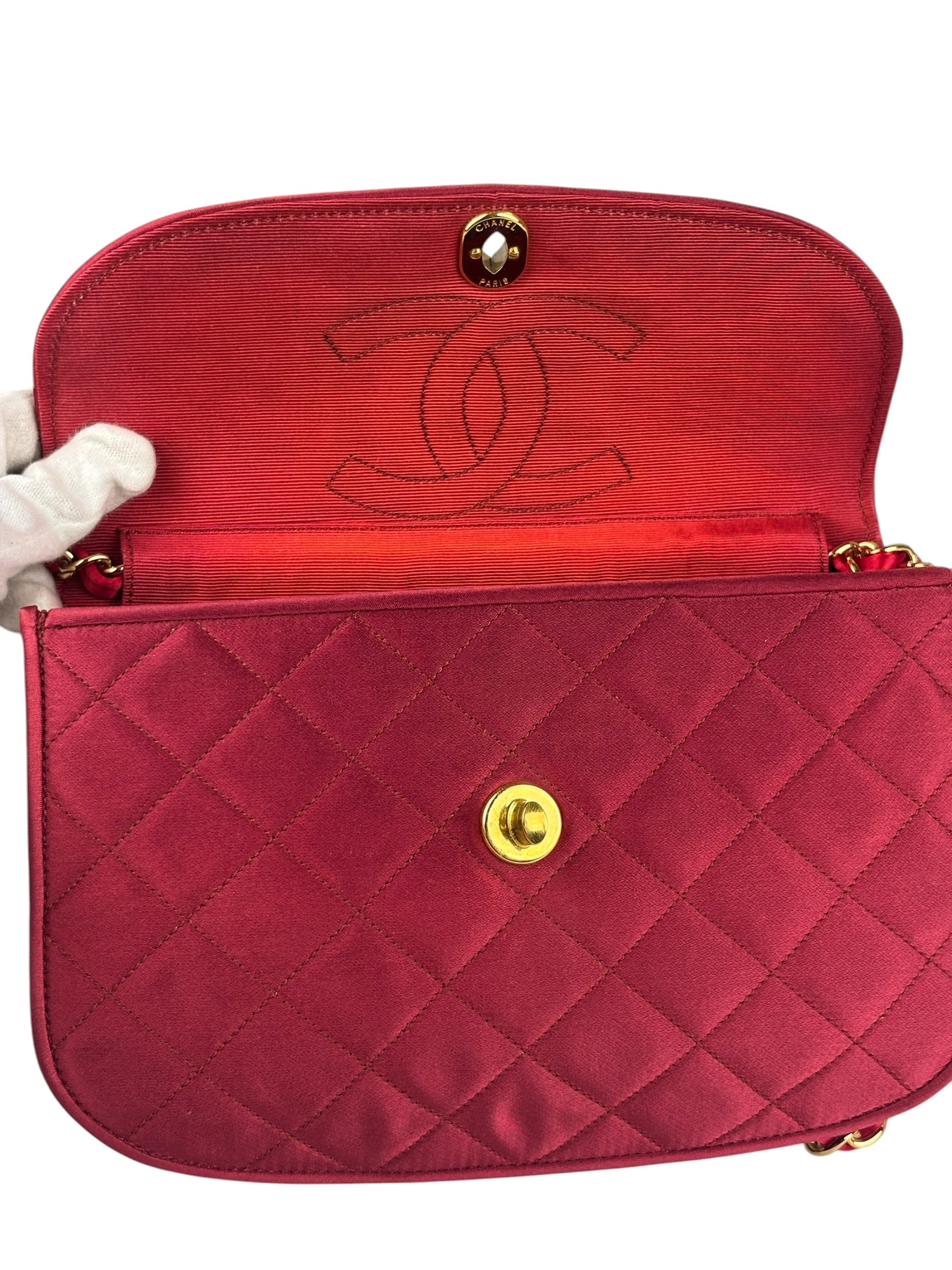 Chanel Vintage Two Tone Red Satin Flap 1989