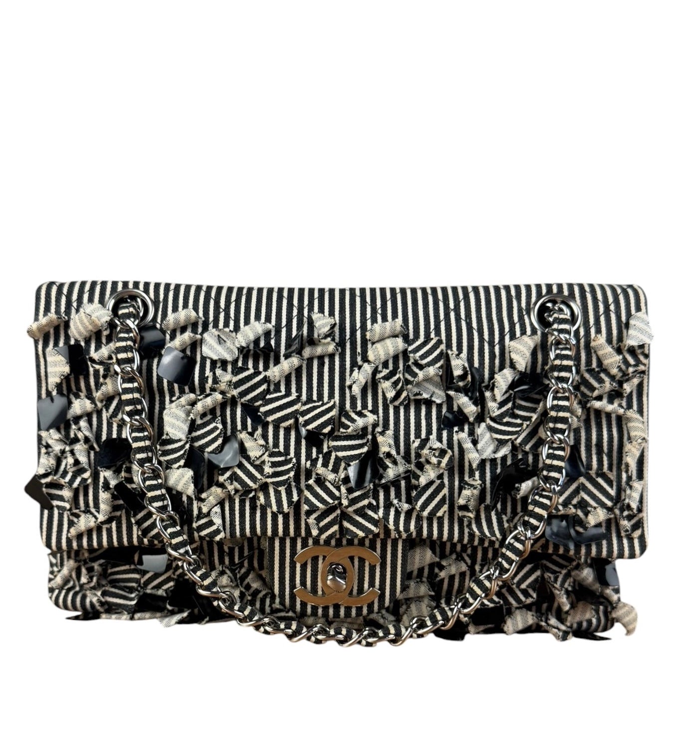 Chanel Black/White Sequin Stripped Medium Double Flap Shoulder Bag