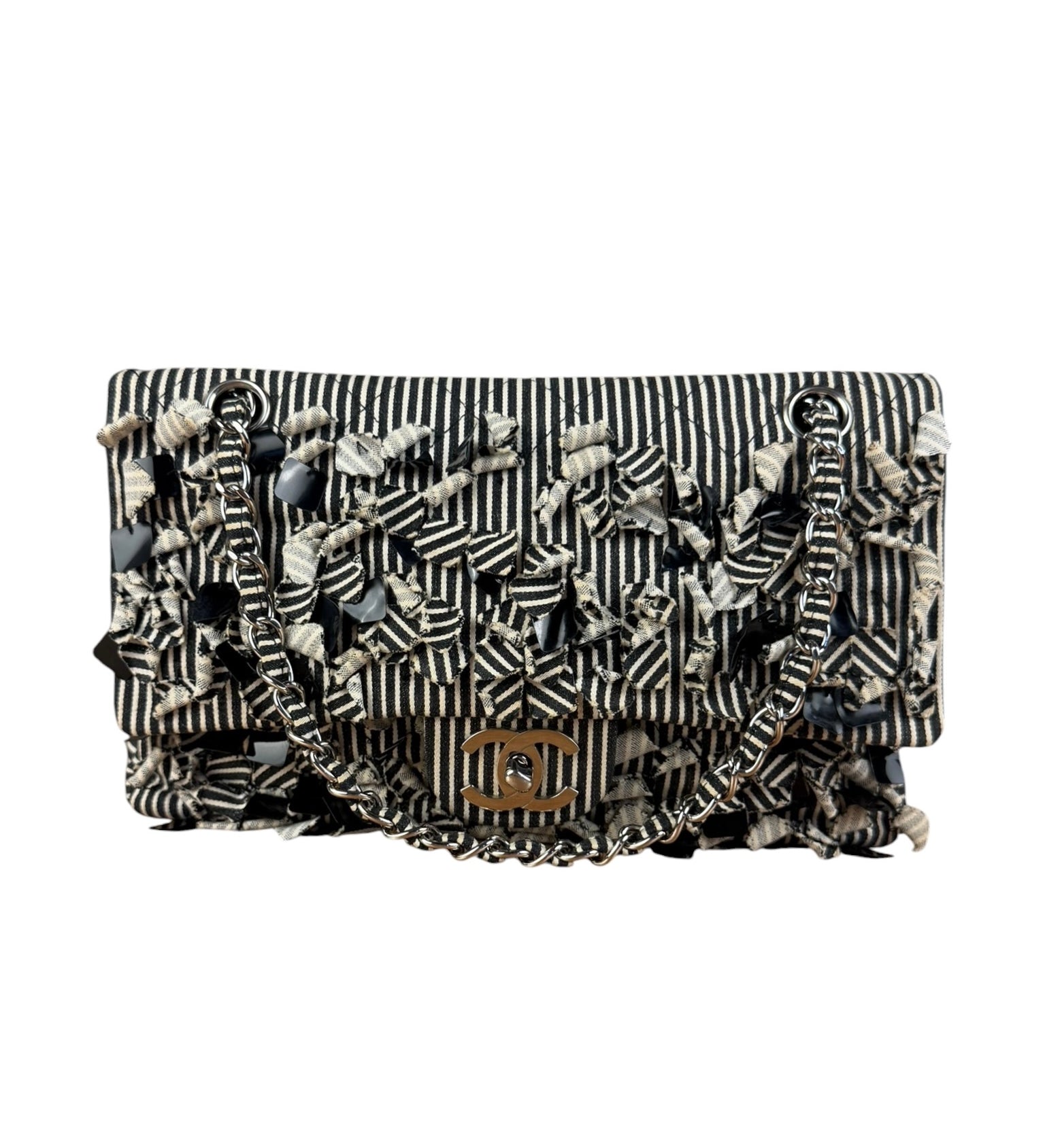 Chanel Black/White Sequin Striped Medium Double Flap Shoulder Bag
