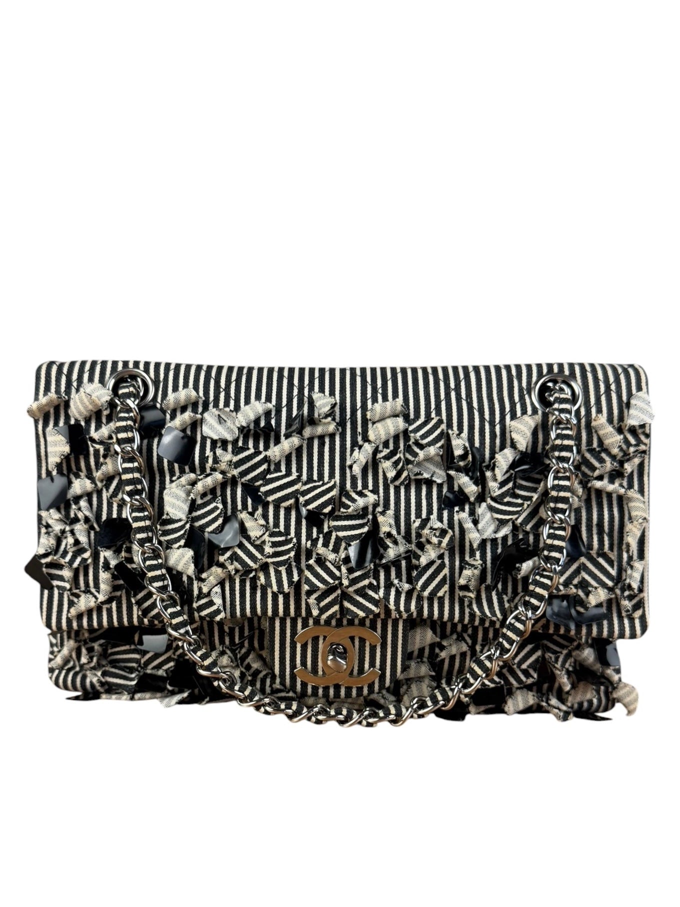 Chanel Black/White Sequin Stripped Medium Double Flap Shoulder Bag