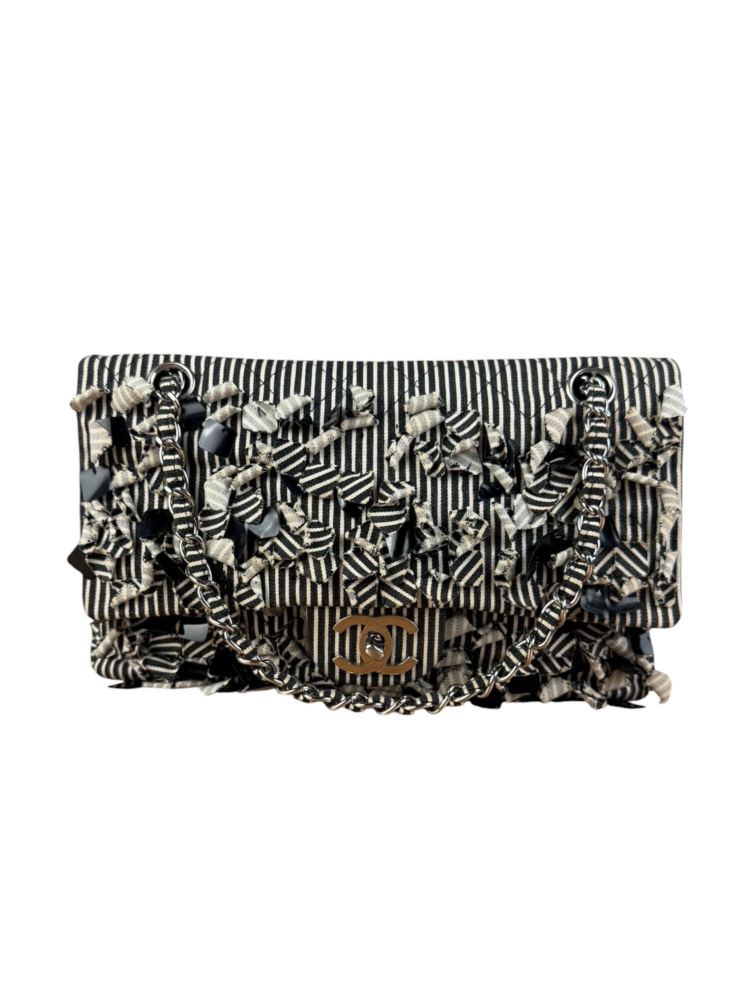 Chanel Black/White Sequin Striped Medium Double Flap Shoulder Bag