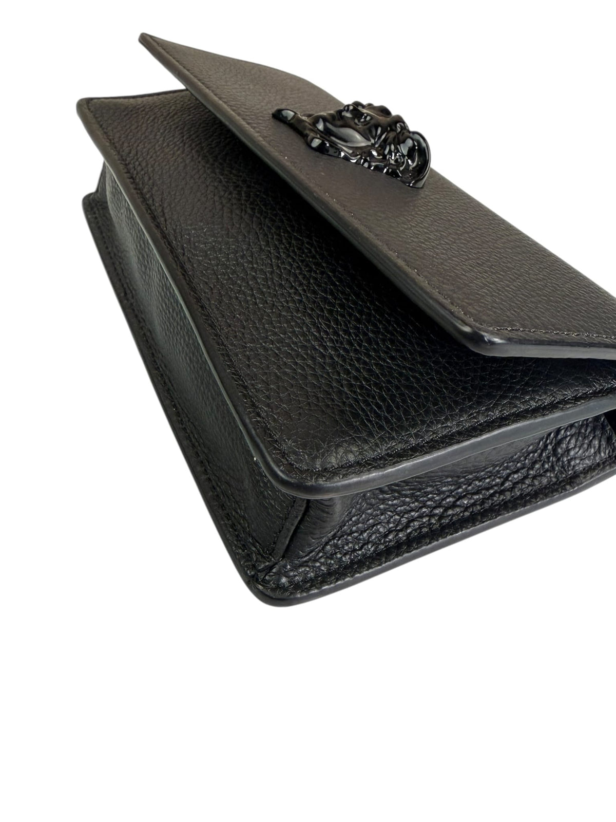 Versace Black Leather Palazzo Medusa Flap Wallet On Chain