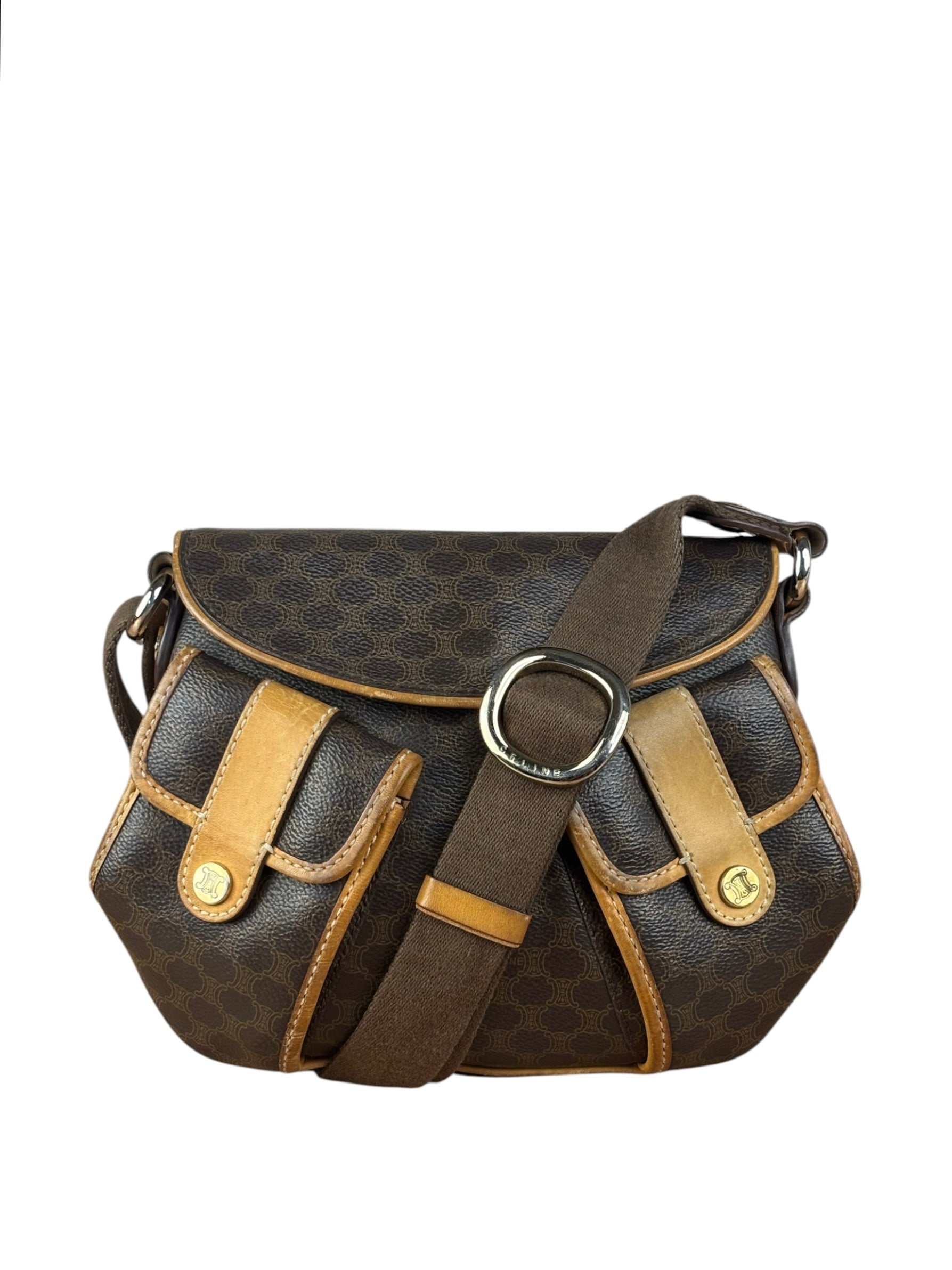 Celine Vintage Leather Macadam Double Pocket Shoulder Bag
