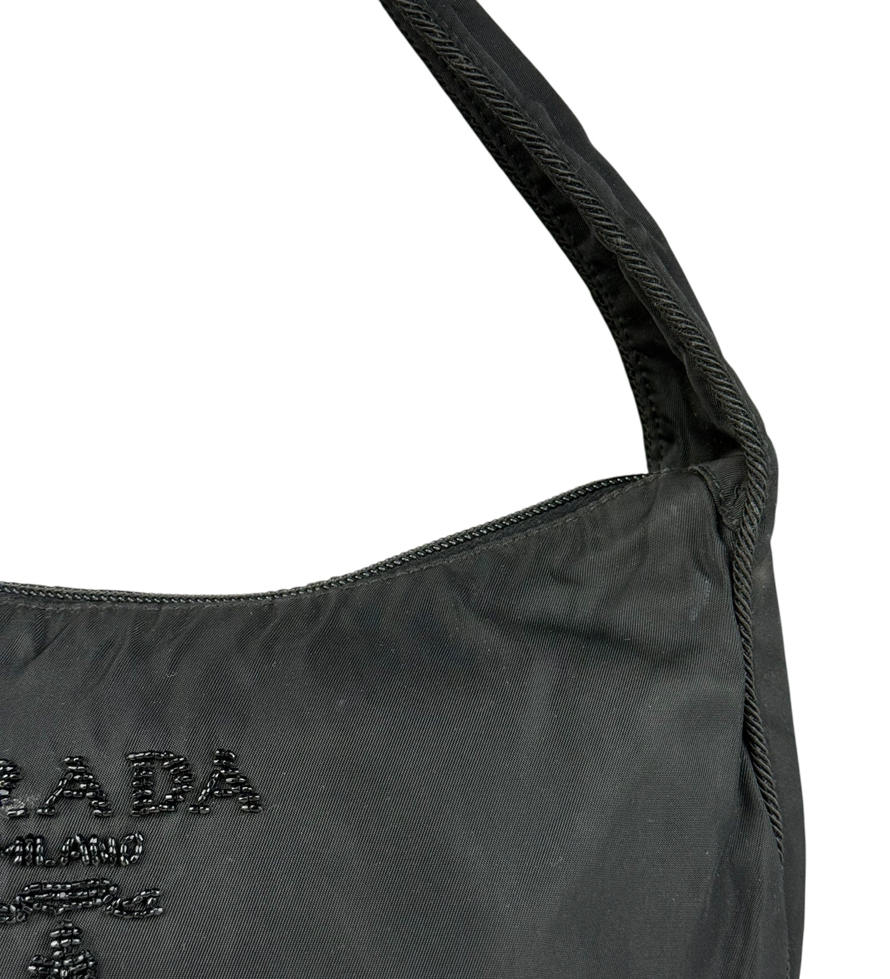 Prada Vintage Black Nylon Beaded Logo Shoulder Pochette