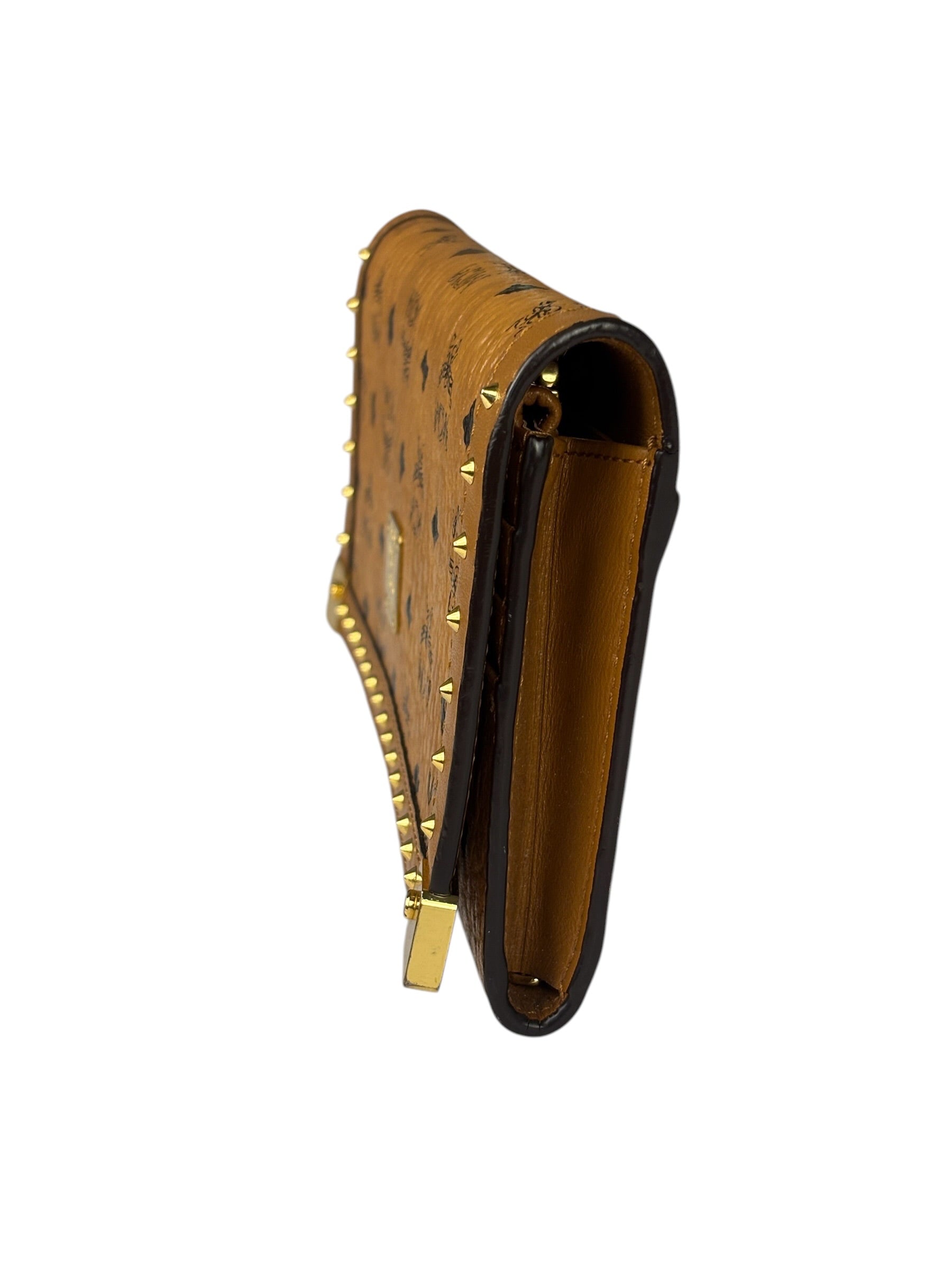 MCM Brown Leather Monogram Studded Long Wallet On Chain
