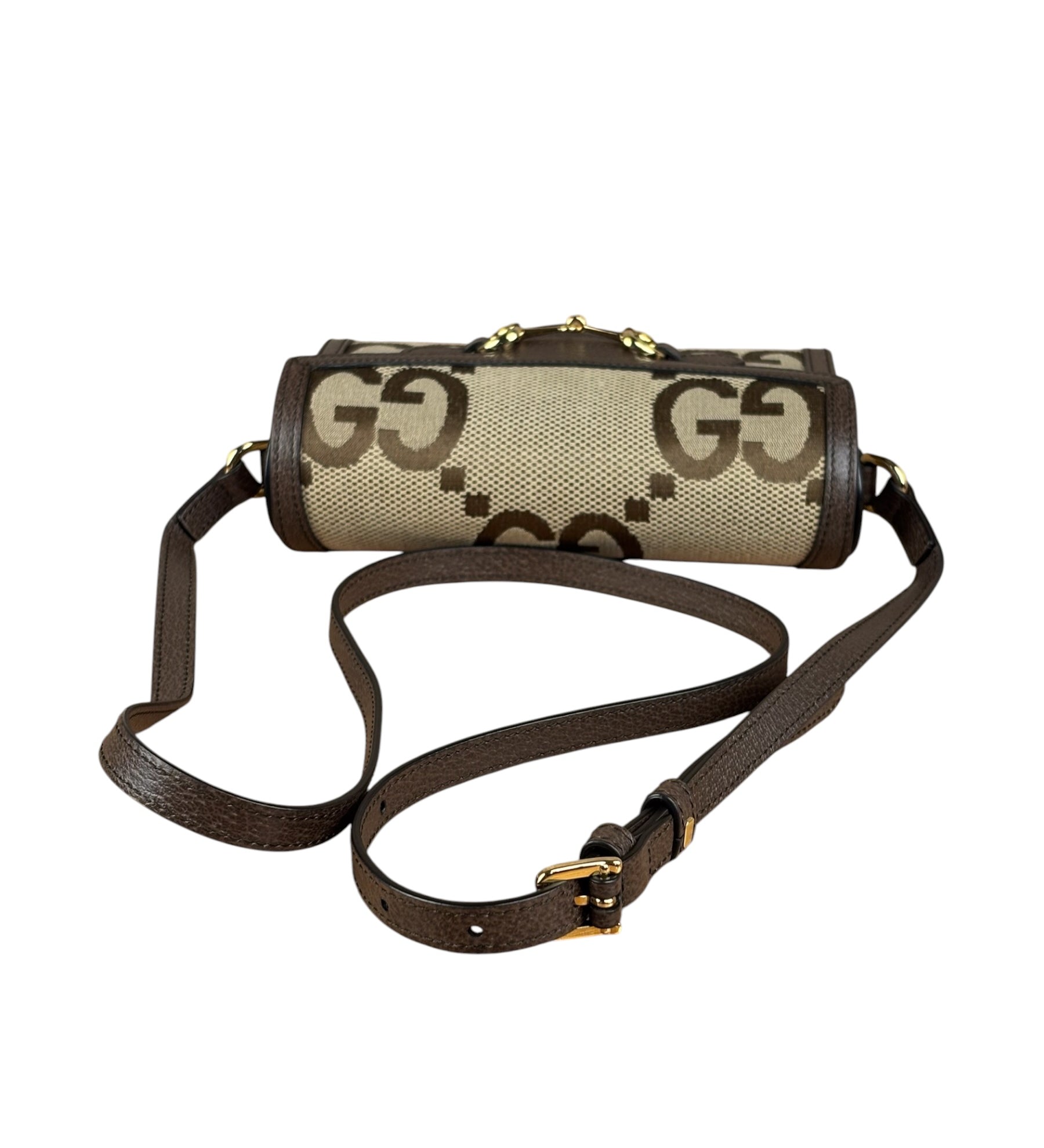 Gucci Brown Leather Trim Monogram Jumbo GG Mini Shoulder Bag