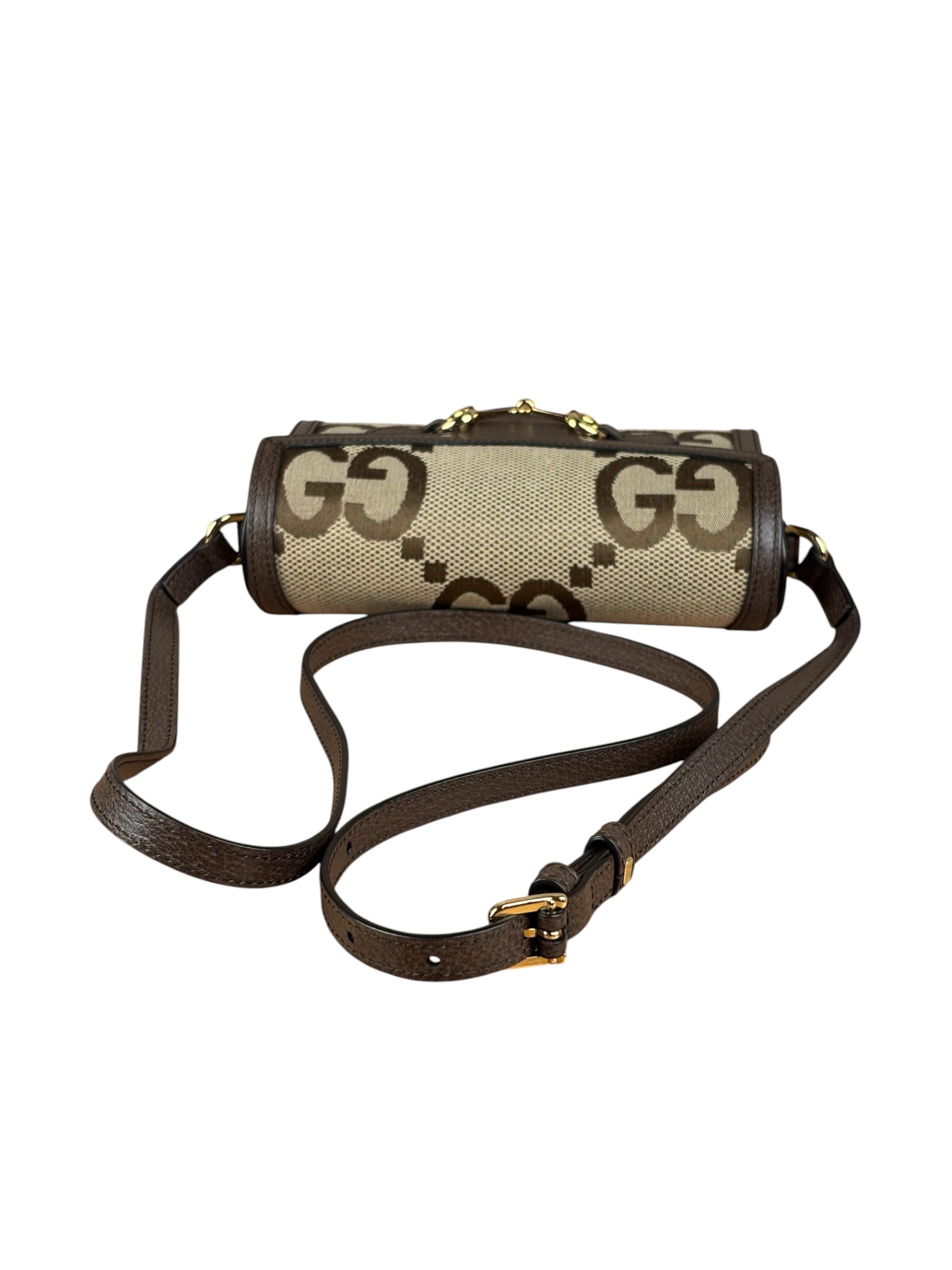 Gucci Brown Leather Trim Monogram Jumbo GG Mini Shoulder Bag