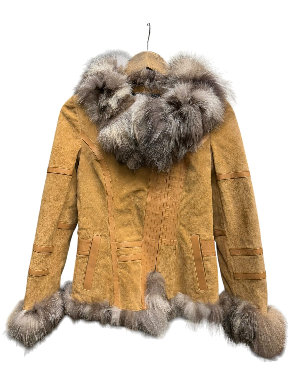 Vintage Zoee Fox Fur Trim Brown Leather Zip Jacket