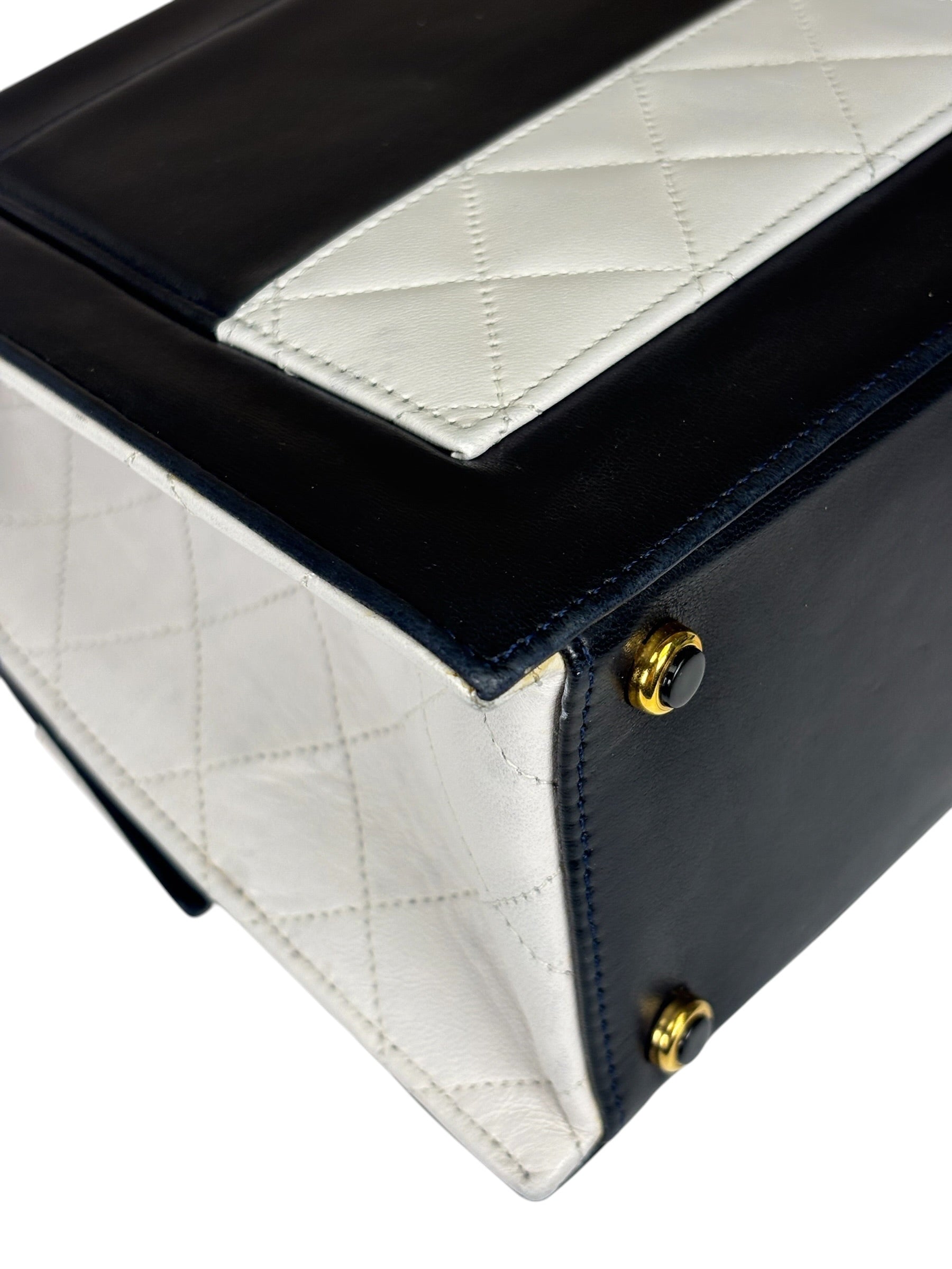 Chanel Vintage White/Black Quilted Lambskin Trapezoid Flap Bag 1990's