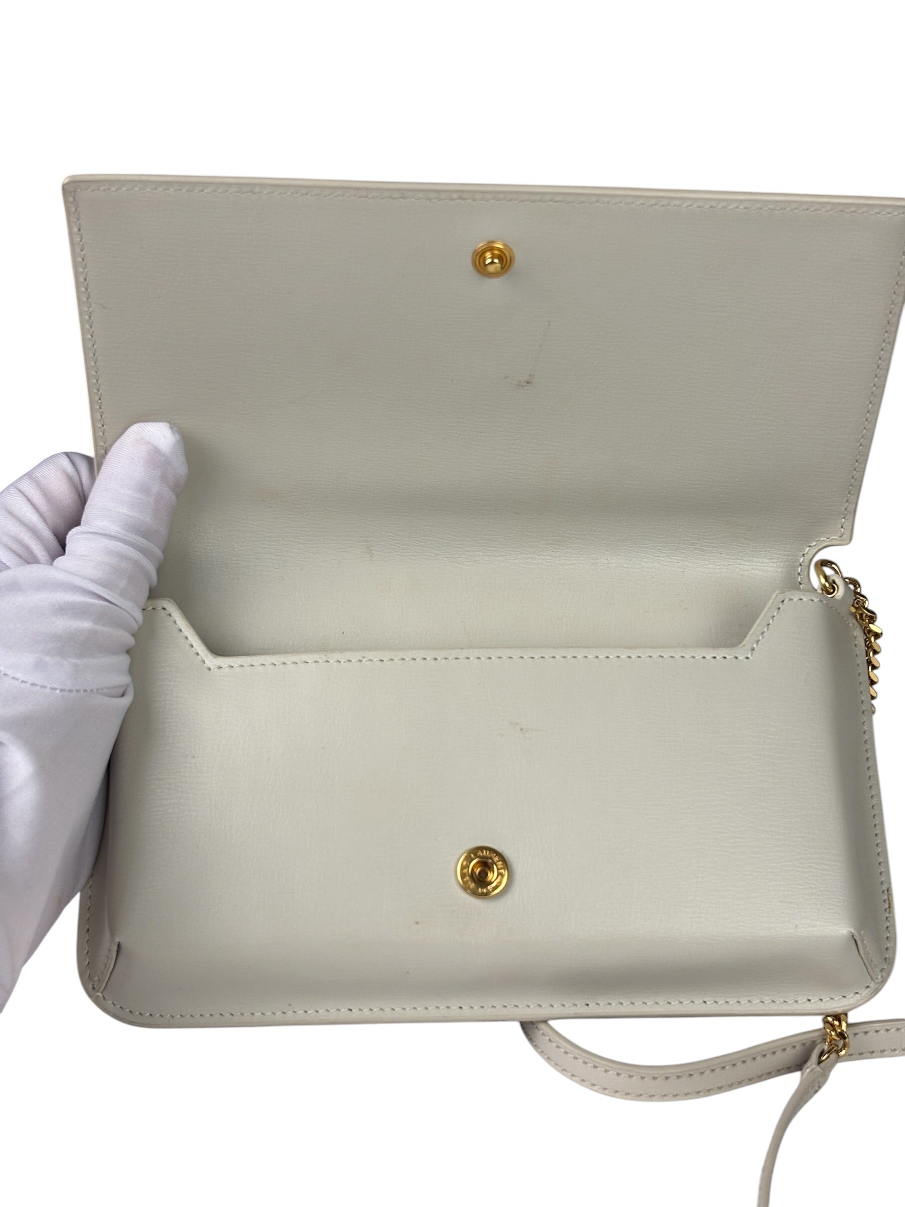 YSL Beige Leather Cassandre Flap Phone Holder