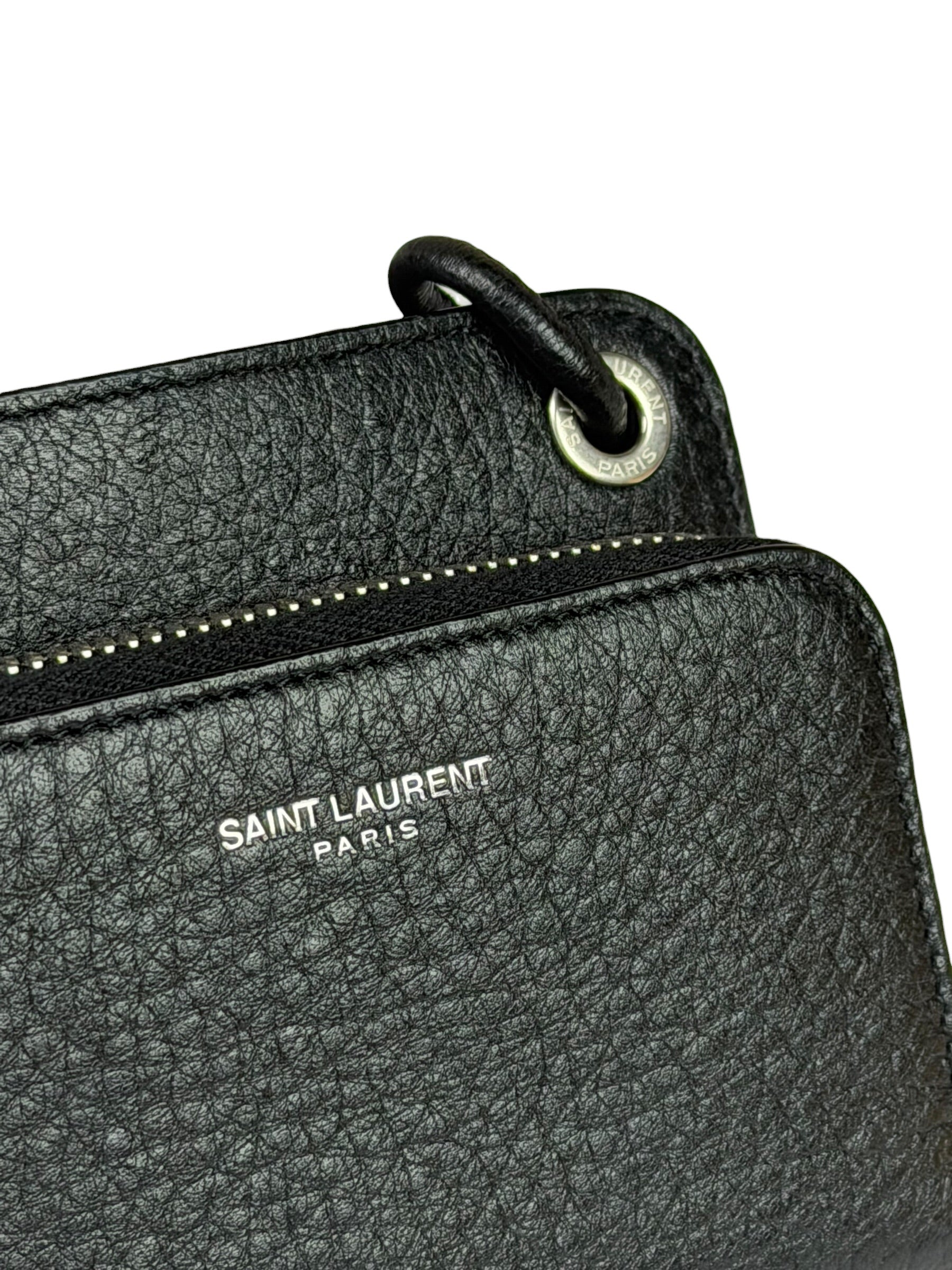 Yves Saint Laurent Black Leather Paris Lanyard Wallet