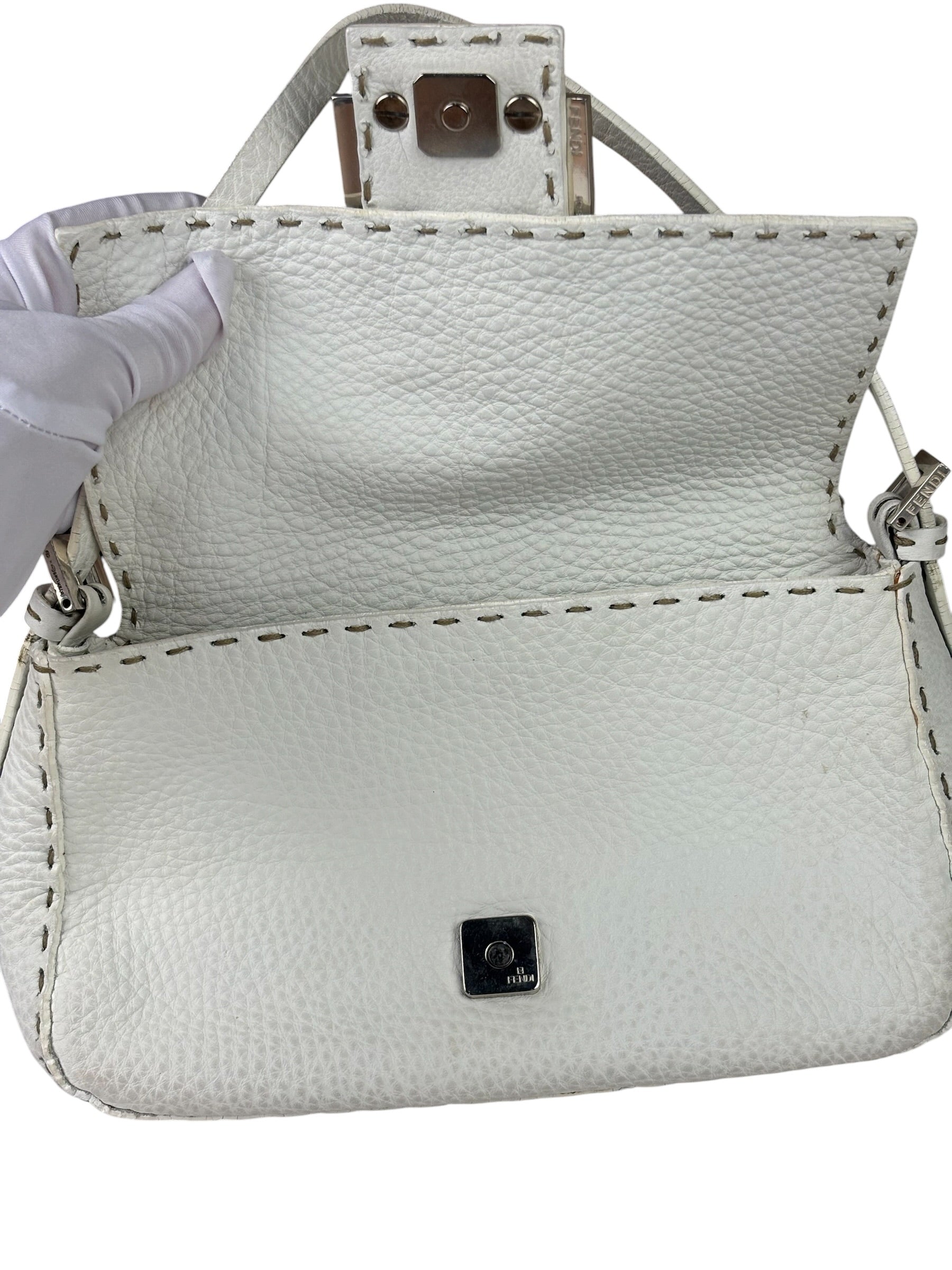 Fendi White Leather Selleria Baguette