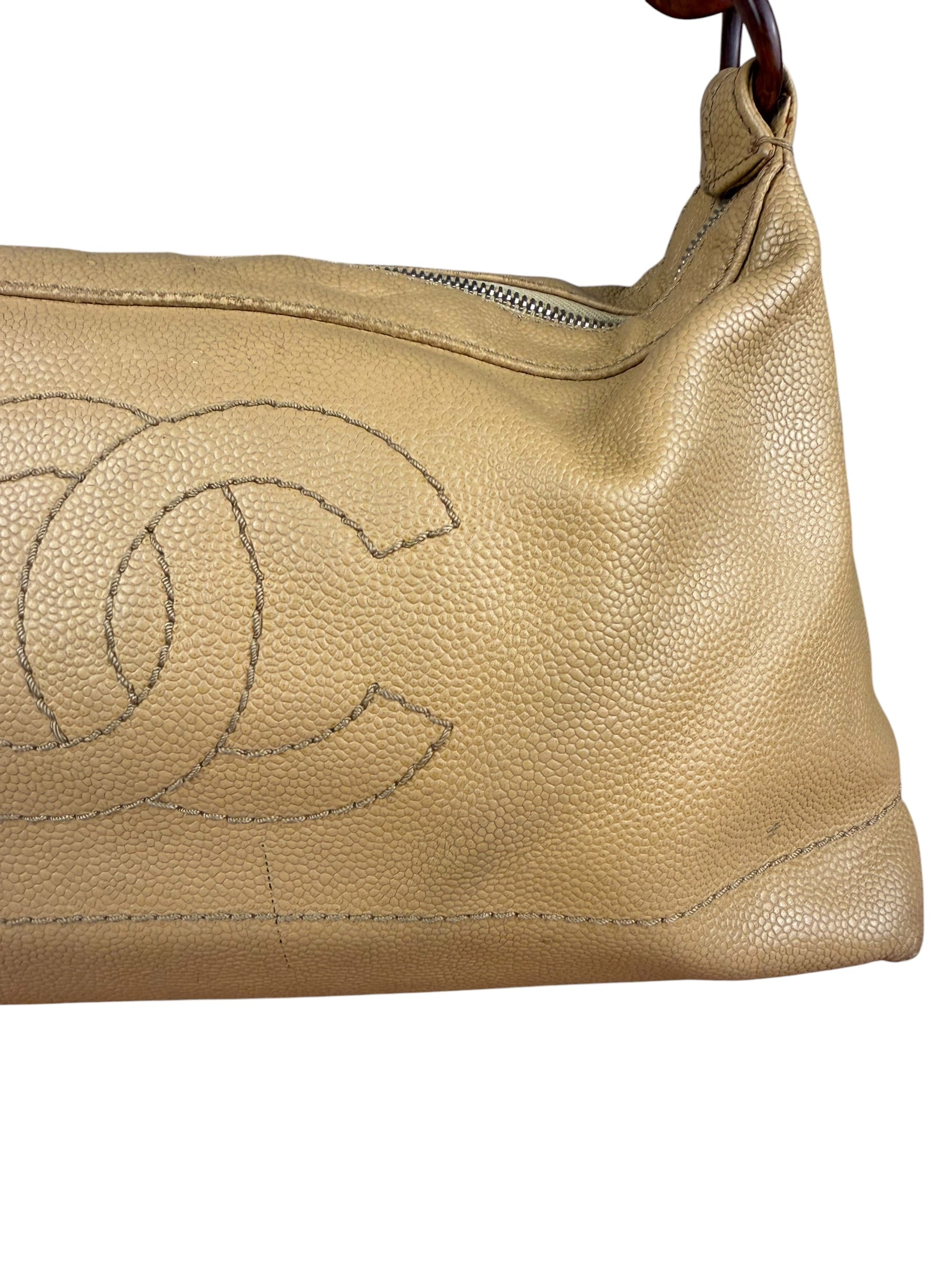 Chanel CC Vintage Beige Leather Caviar Wood Chain Hobo Bag