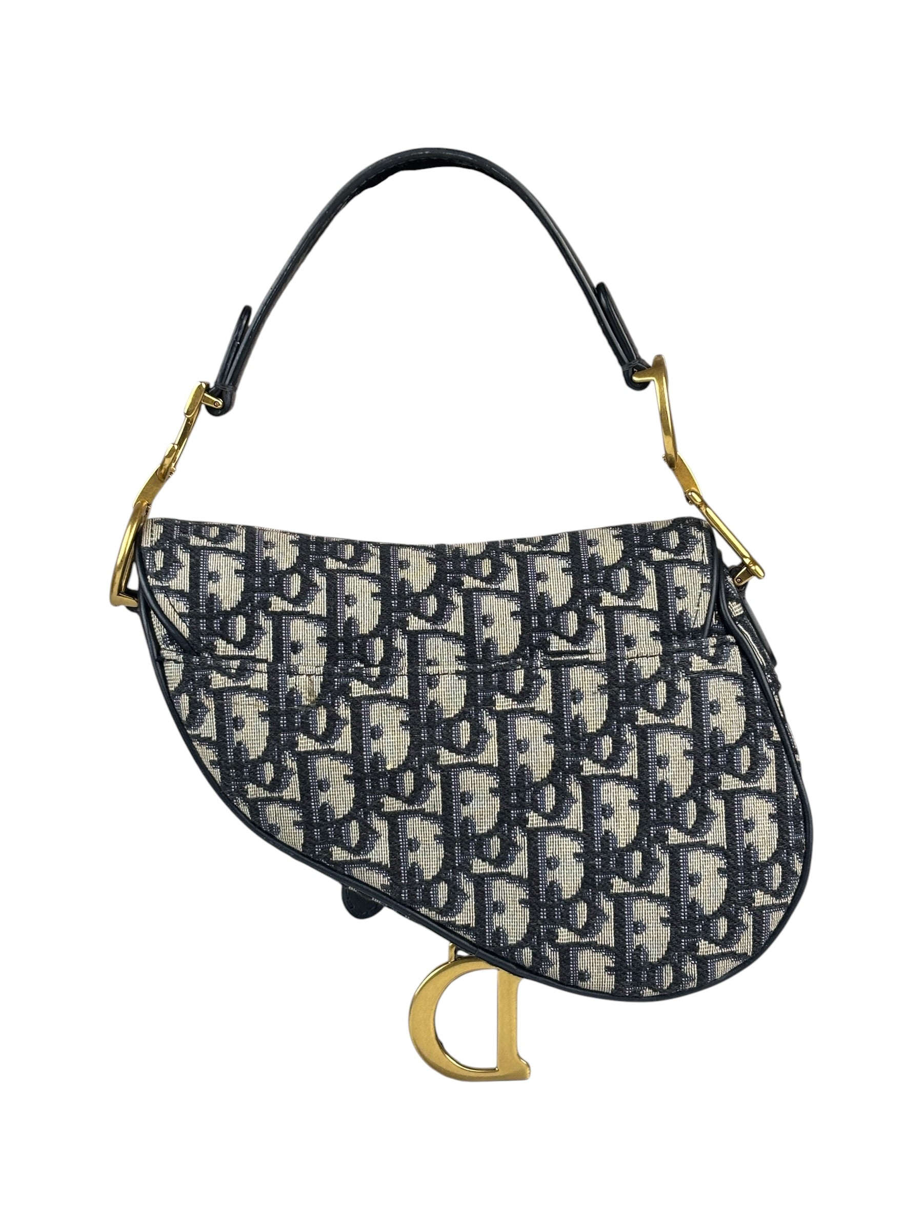 Christian Dior Navy Leather Trim Oblique Saddle Handbag