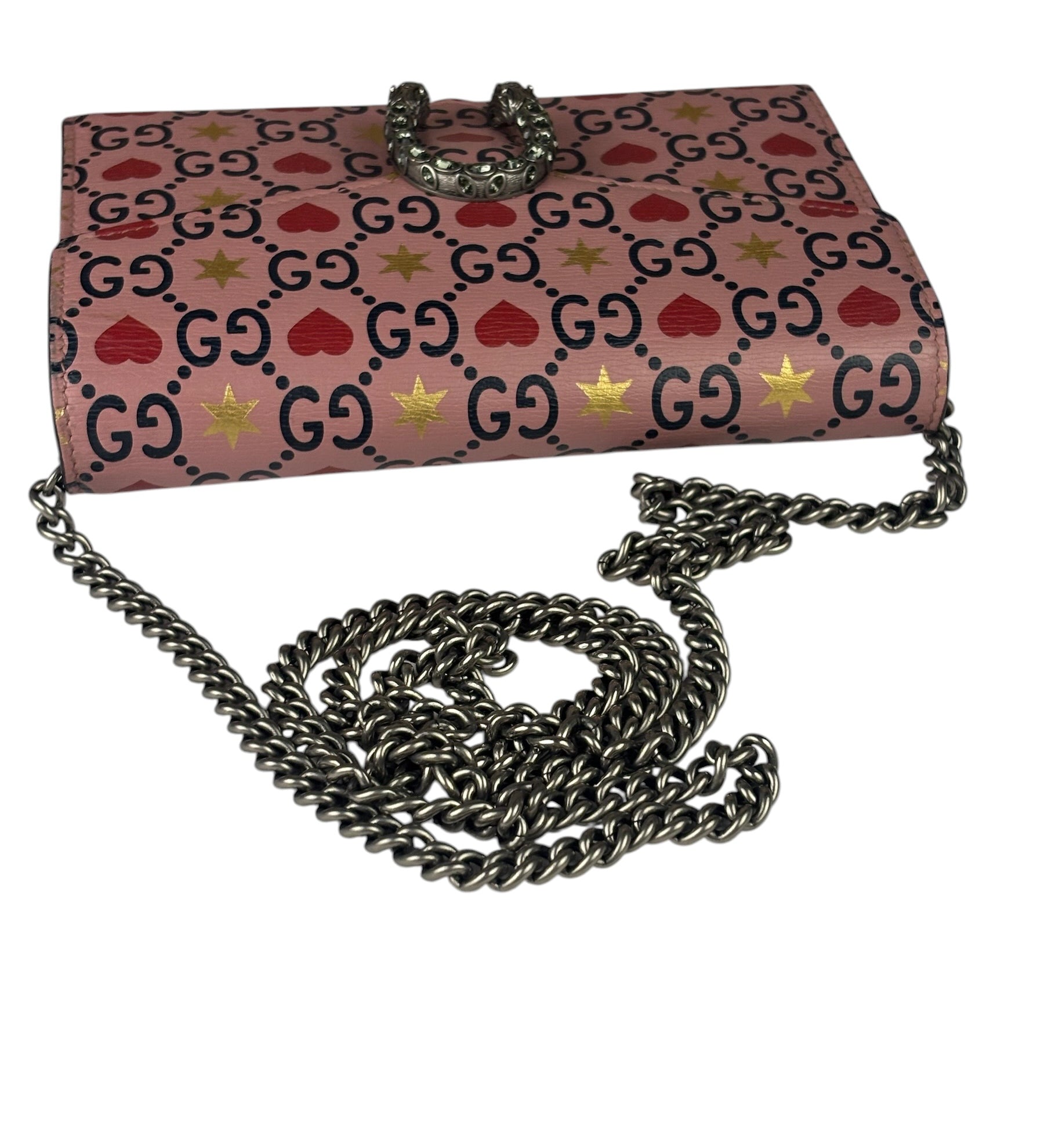 Gucci Pink Leather Dionysus GGCrystal Valentines Small Wallet On Chain