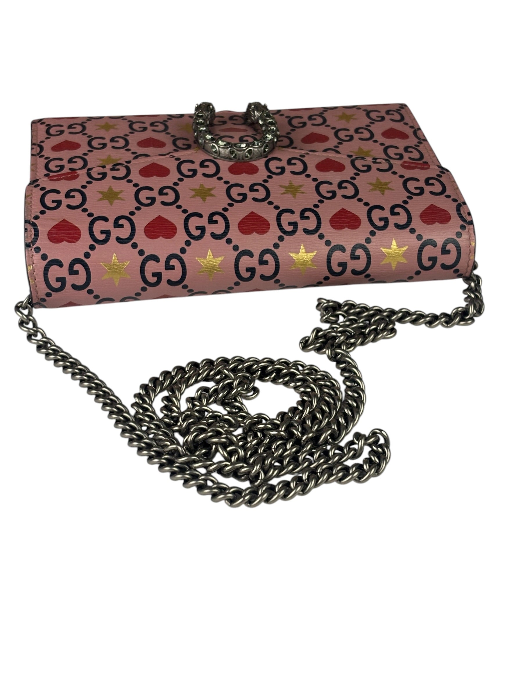 Gucci Pink Leather Dionysus GGCrystal Valentines Small Wallet On Chain