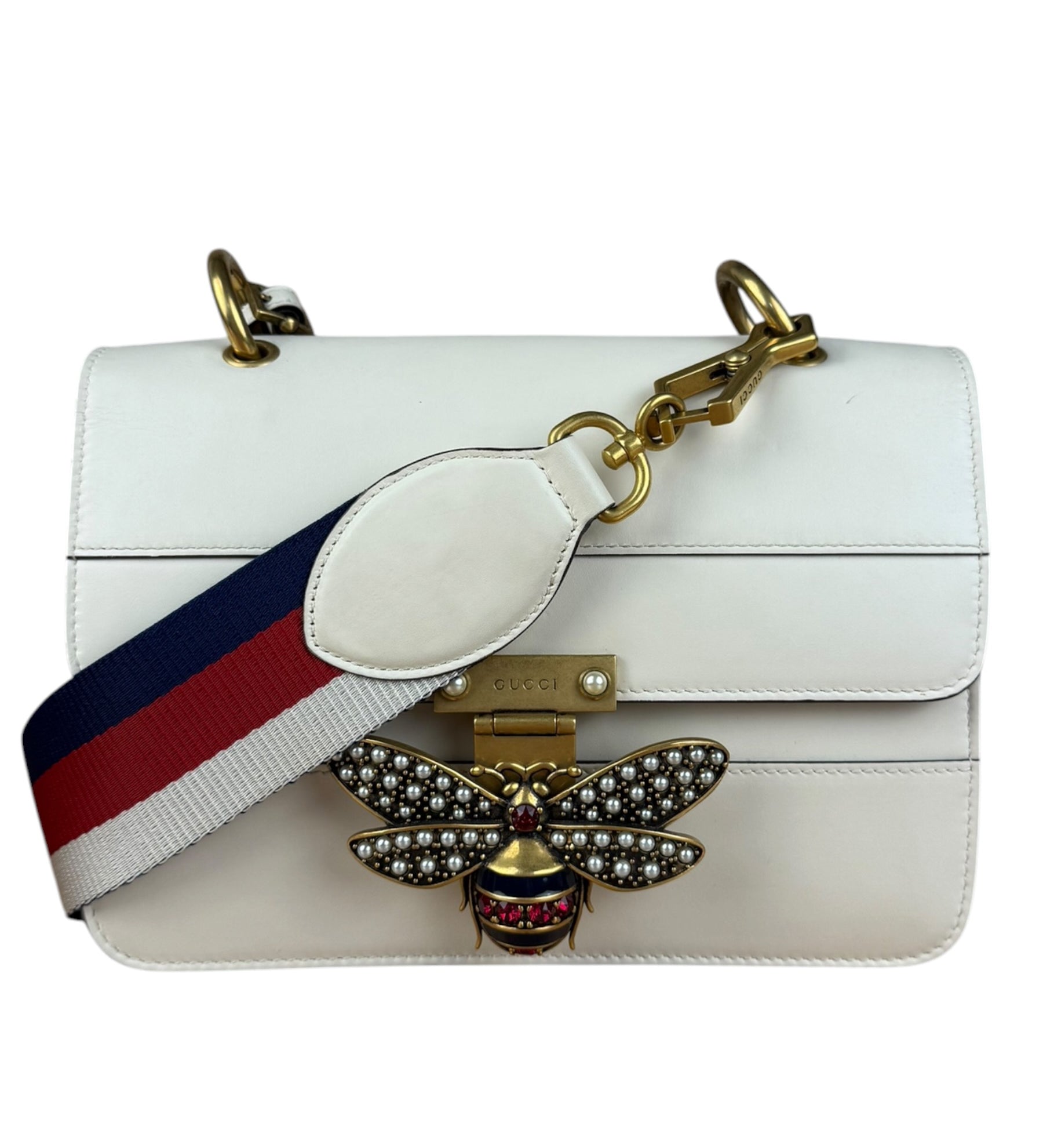 Gucci White Leather Queen Margaret Bee Embellished Shoulder Bag