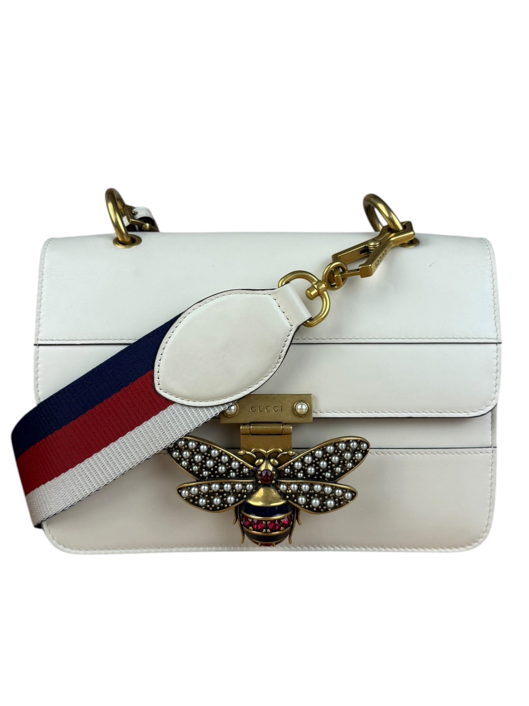 Gucci White Leather Queen Margaret Bee Embellished Shoulder Bag