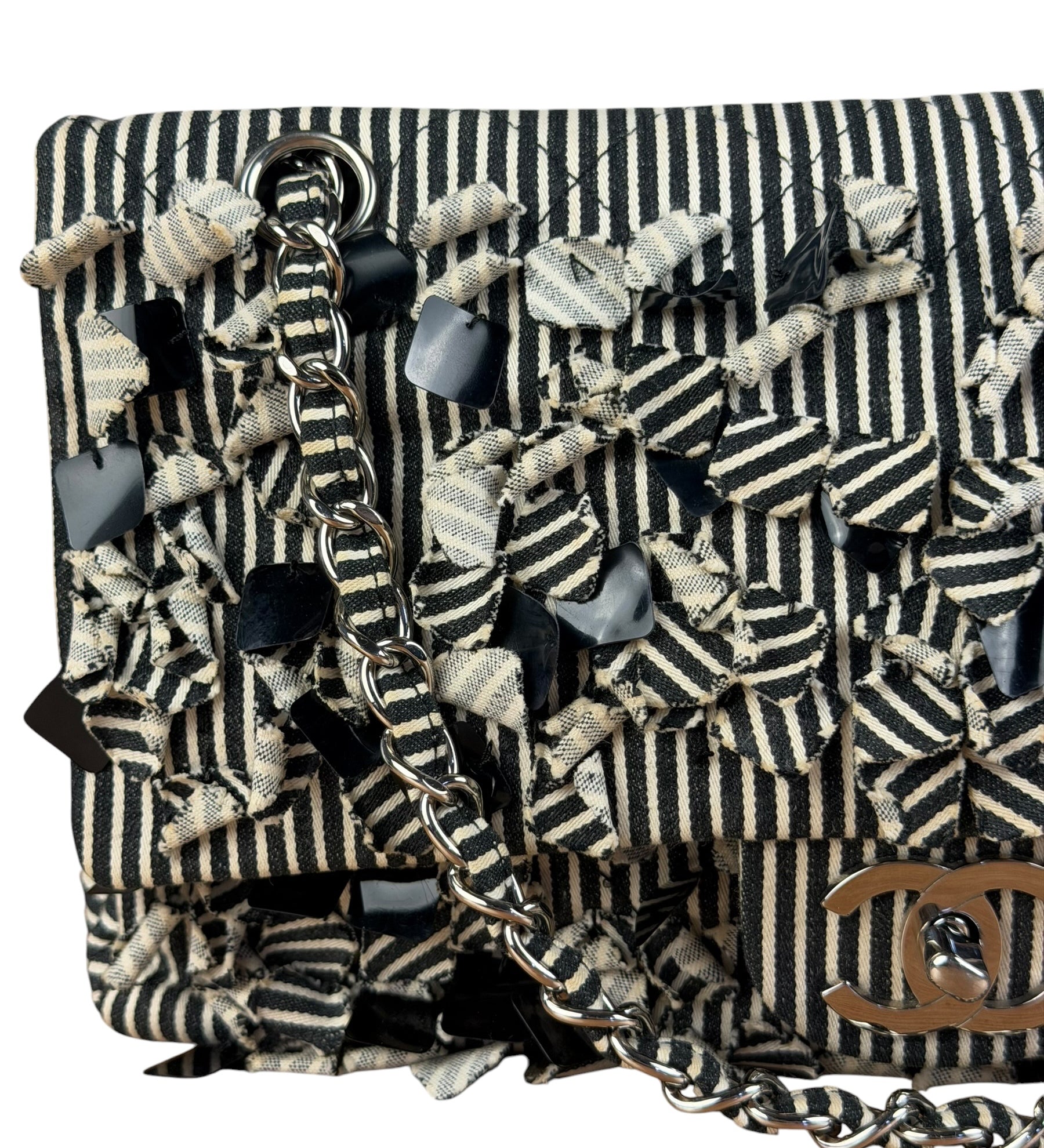 Chanel Black/White Sequin Stripped Medium Double Flap Shoulder Bag